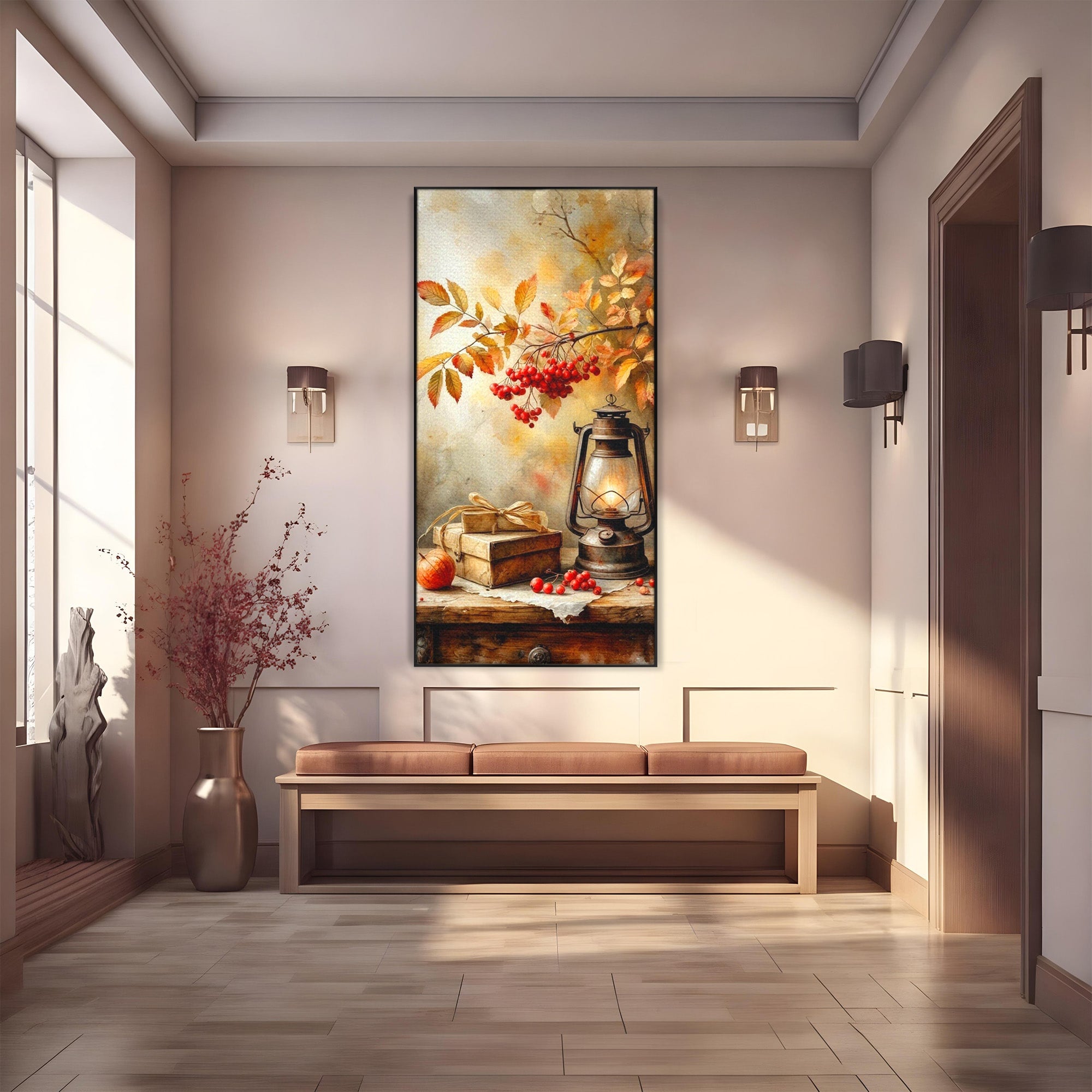 Tablou Canvas Premium LuxCanva® PI1068, Lanterna De Toamna, Lanterna, Toamna, Frunze, Decor, Living, Natura, Culori Vibrante