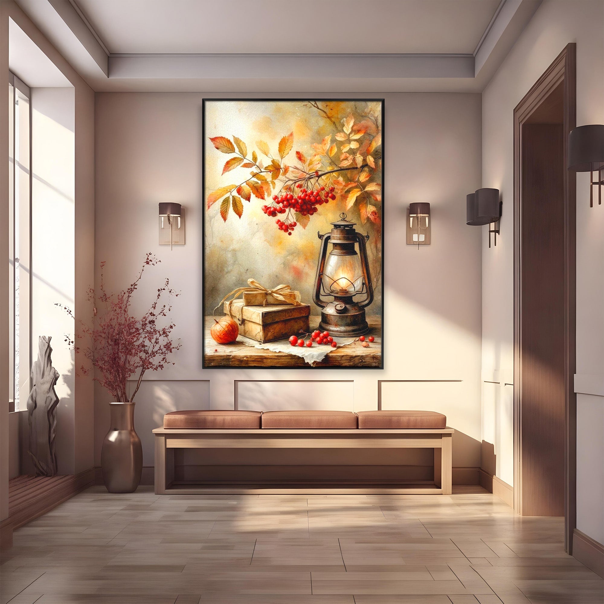 Tablou Canvas Premium LuxCanva® PI1068, Lanterna De Toamna, Lanterna, Toamna, Frunze, Decor, Living, Natura, Culori Vibrante