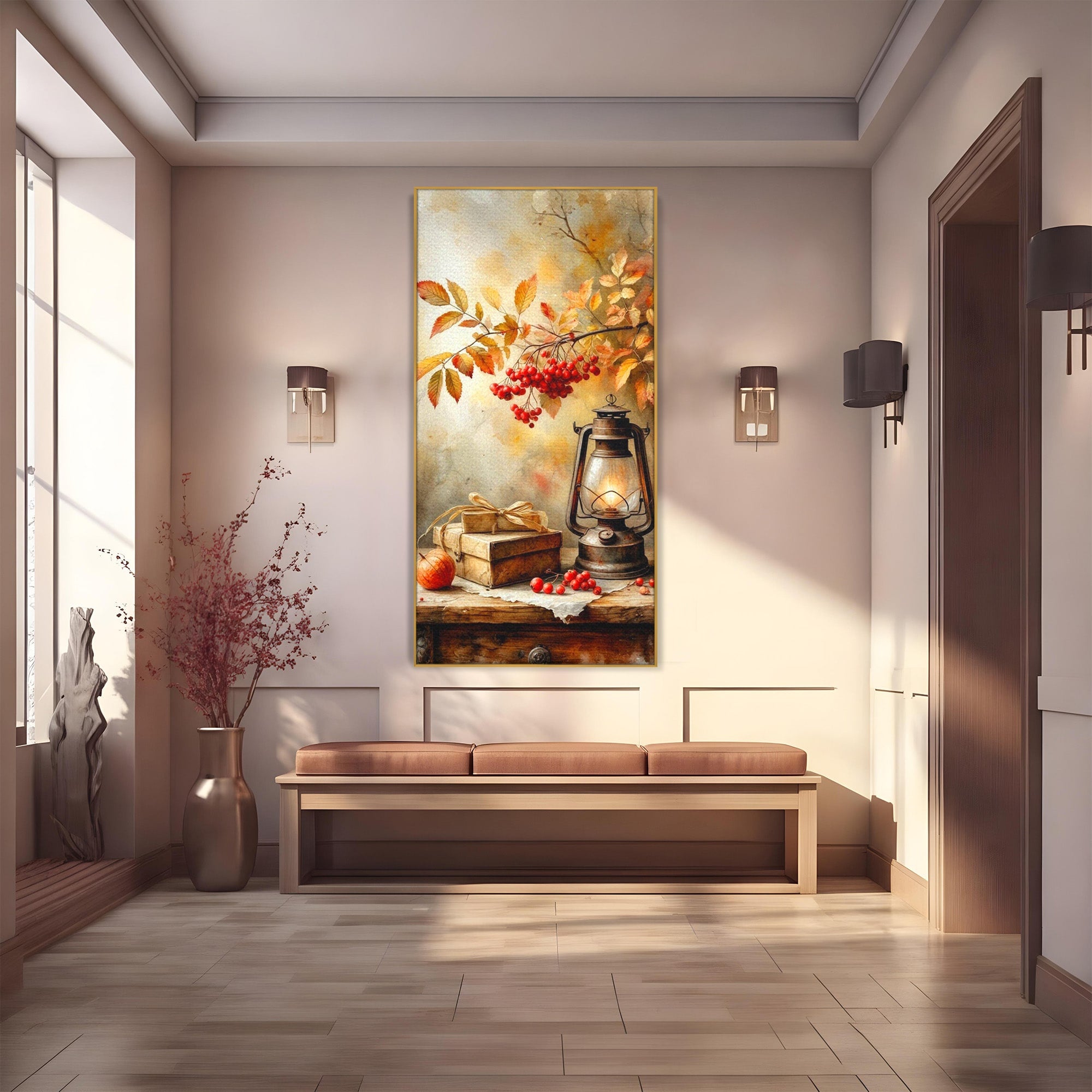 Tablou Canvas Premium LuxCanva® PI1068, Lanterna De Toamna, Lanterna, Toamna, Frunze, Decor, Living, Natura, Culori Vibrante