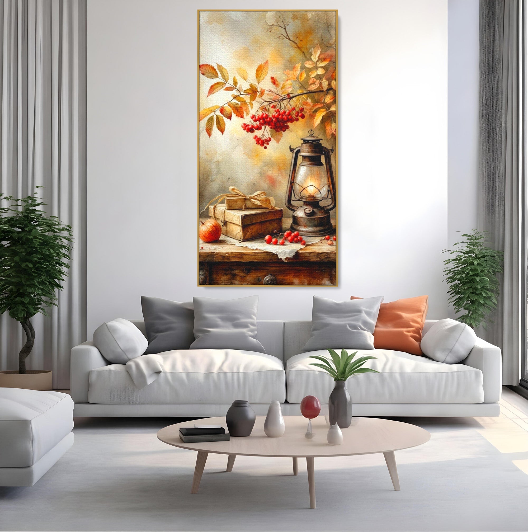 Tablou Canvas Premium LuxCanva® PI1068, Lanterna De Toamna, Lanterna, Toamna, Frunze, Decor, Living, Natura, Culori Vibrante