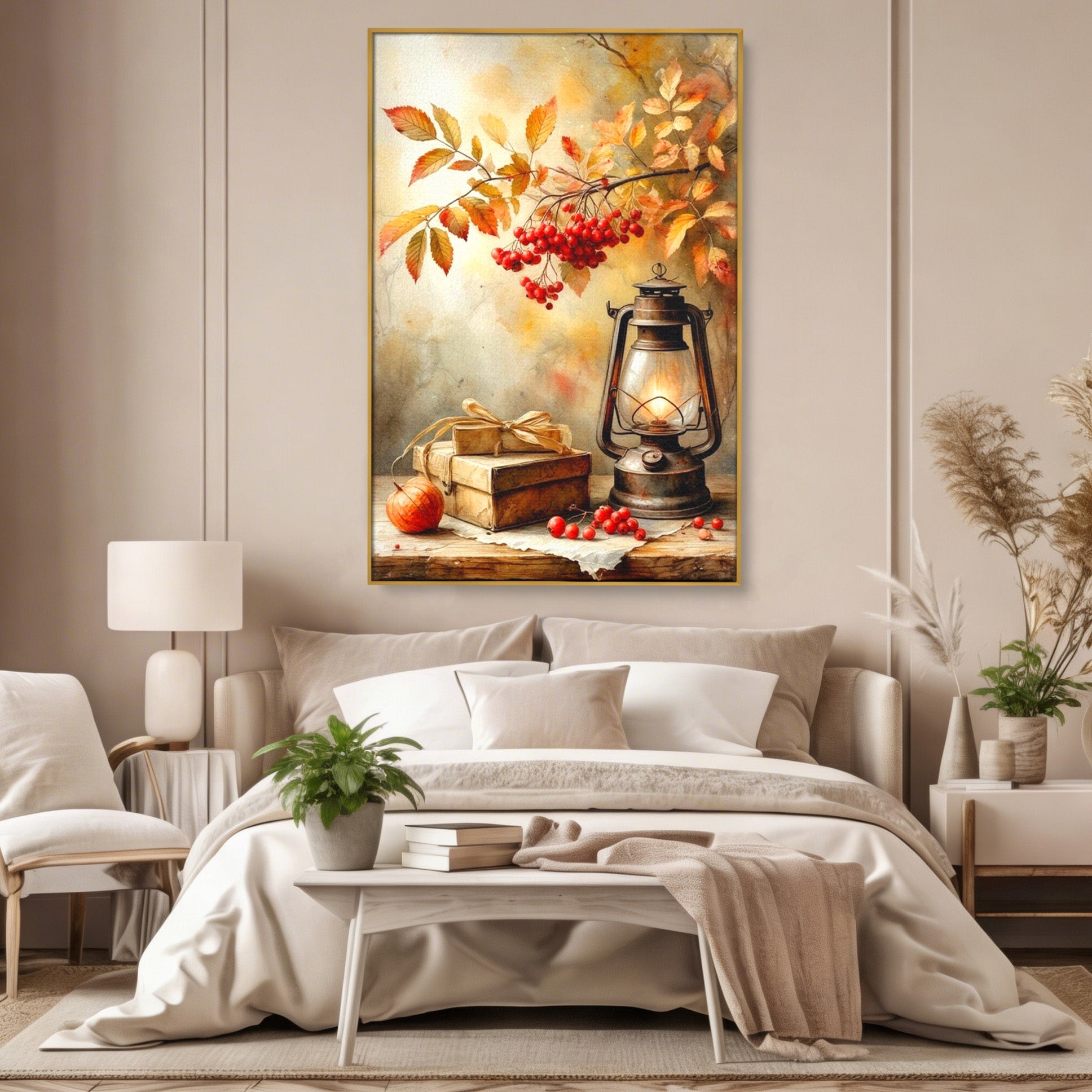 Tablou Canvas Premium LuxCanva® PI1068, Lanterna De Toamna, Lanterna, Toamna, Frunze, Decor, Living, Natura, Culori Vibrante