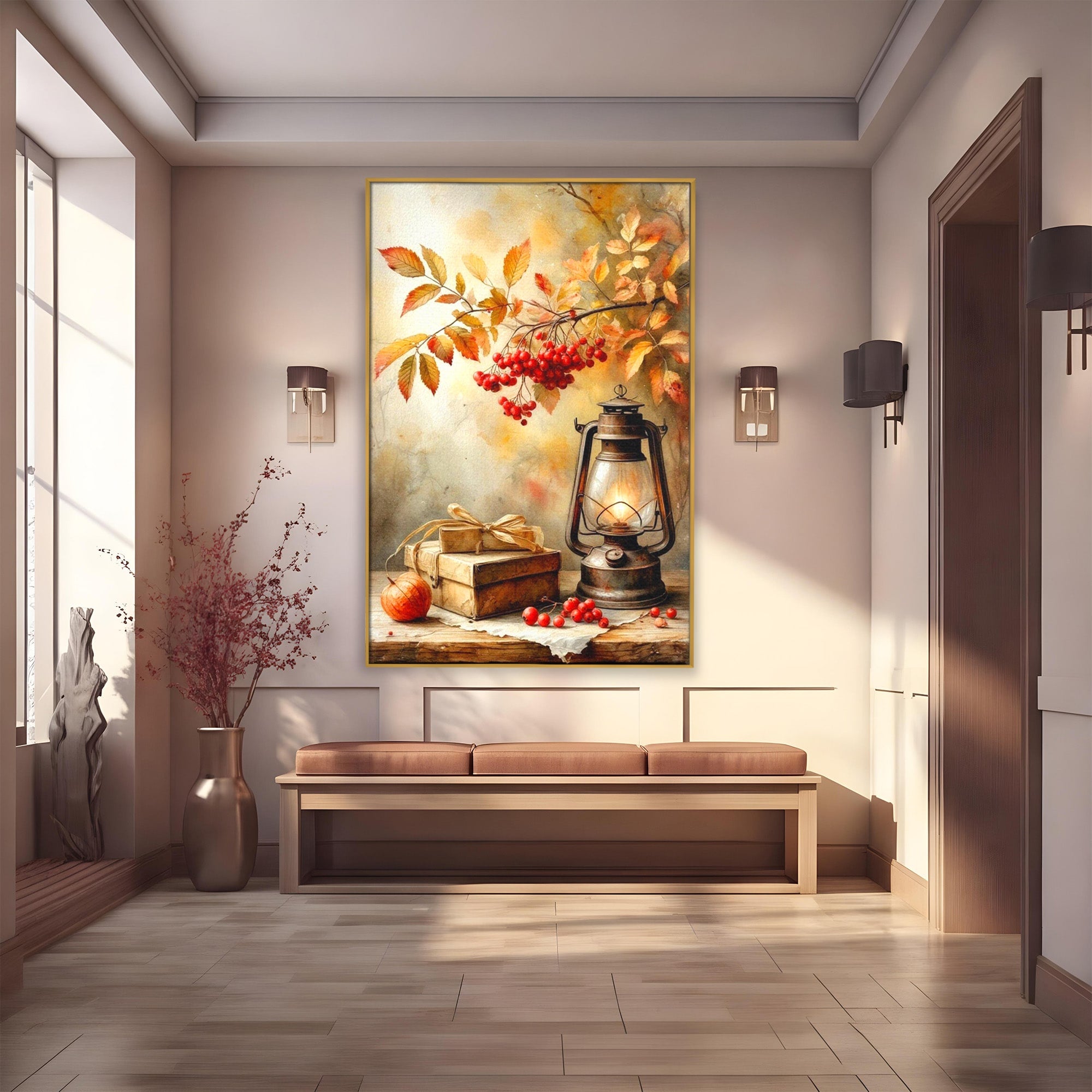 Tablou Canvas Premium LuxCanva® PI1068, Lanterna De Toamna, Lanterna, Toamna, Frunze, Decor, Living, Natura, Culori Vibrante
