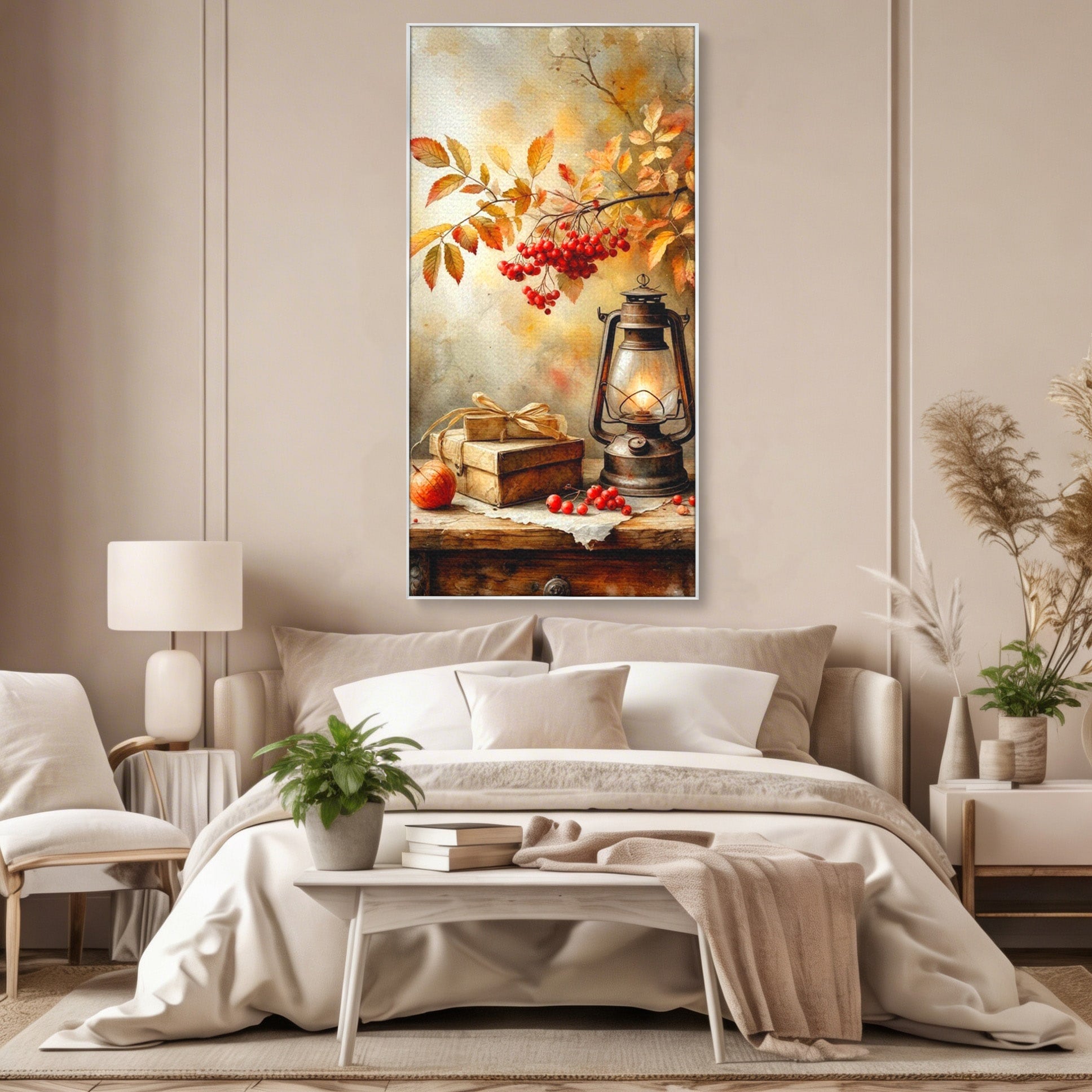 Tablou Canvas Premium LuxCanva® PI1068, Lanterna De Toamna, Lanterna, Toamna, Frunze, Decor, Living, Natura, Culori Vibrante