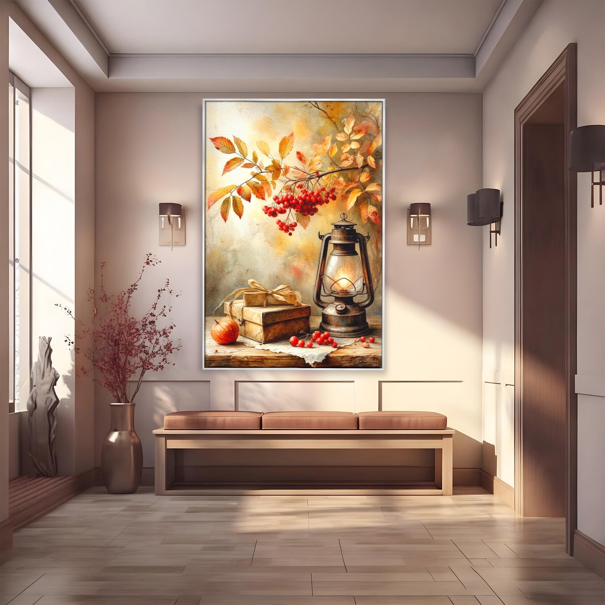 Tablou Canvas Premium LuxCanva® PI1068, Lanterna De Toamna, Lanterna, Toamna, Frunze, Decor, Living, Natura, Culori Vibrante