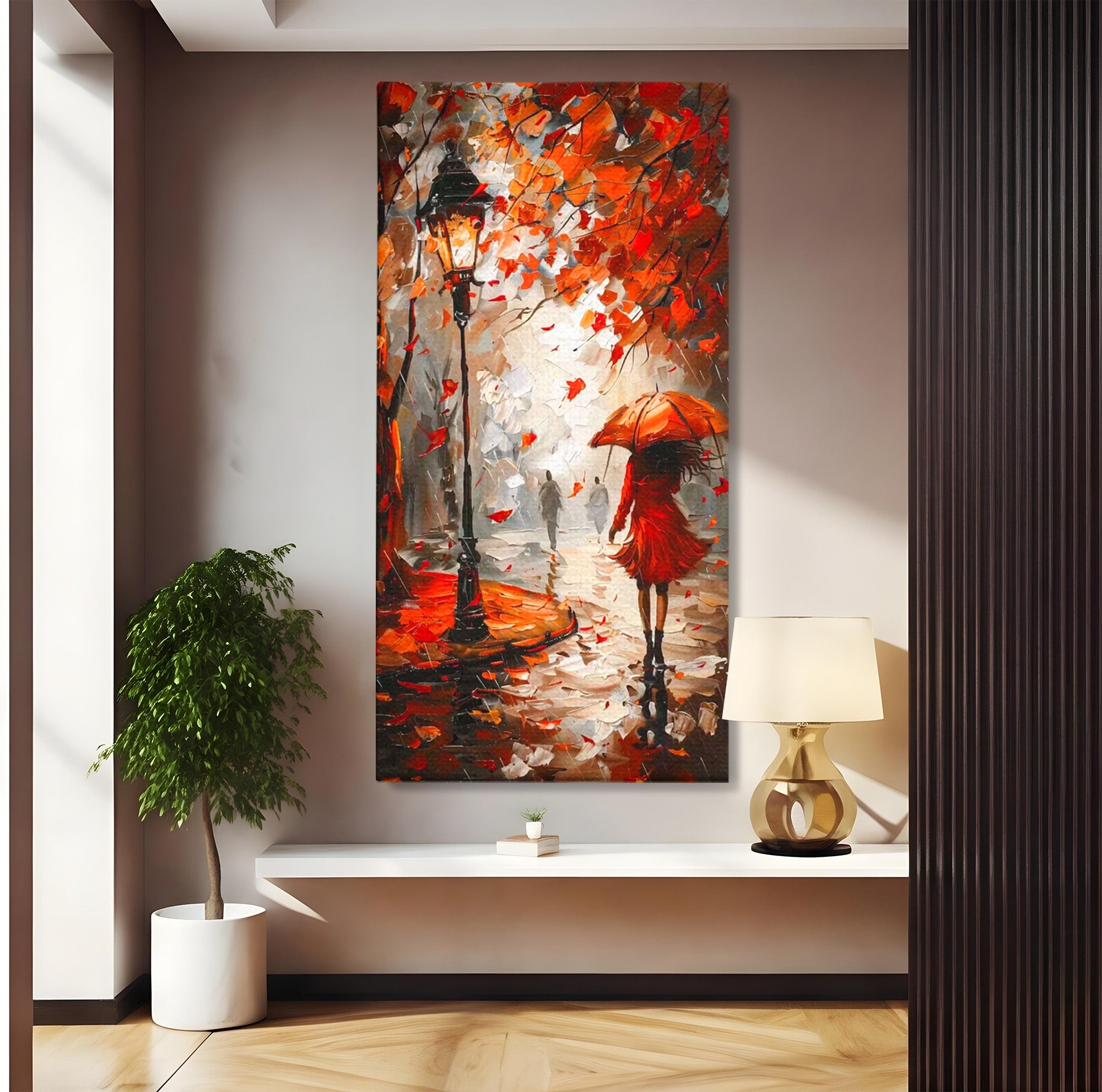 Tablou Canvas Premium LuxCanva® PI1069, Plimbare De Toamna, Toamna, Umbrela, Femeie, Plimbare, Parc, Living, Romantic, Culori Vibrante