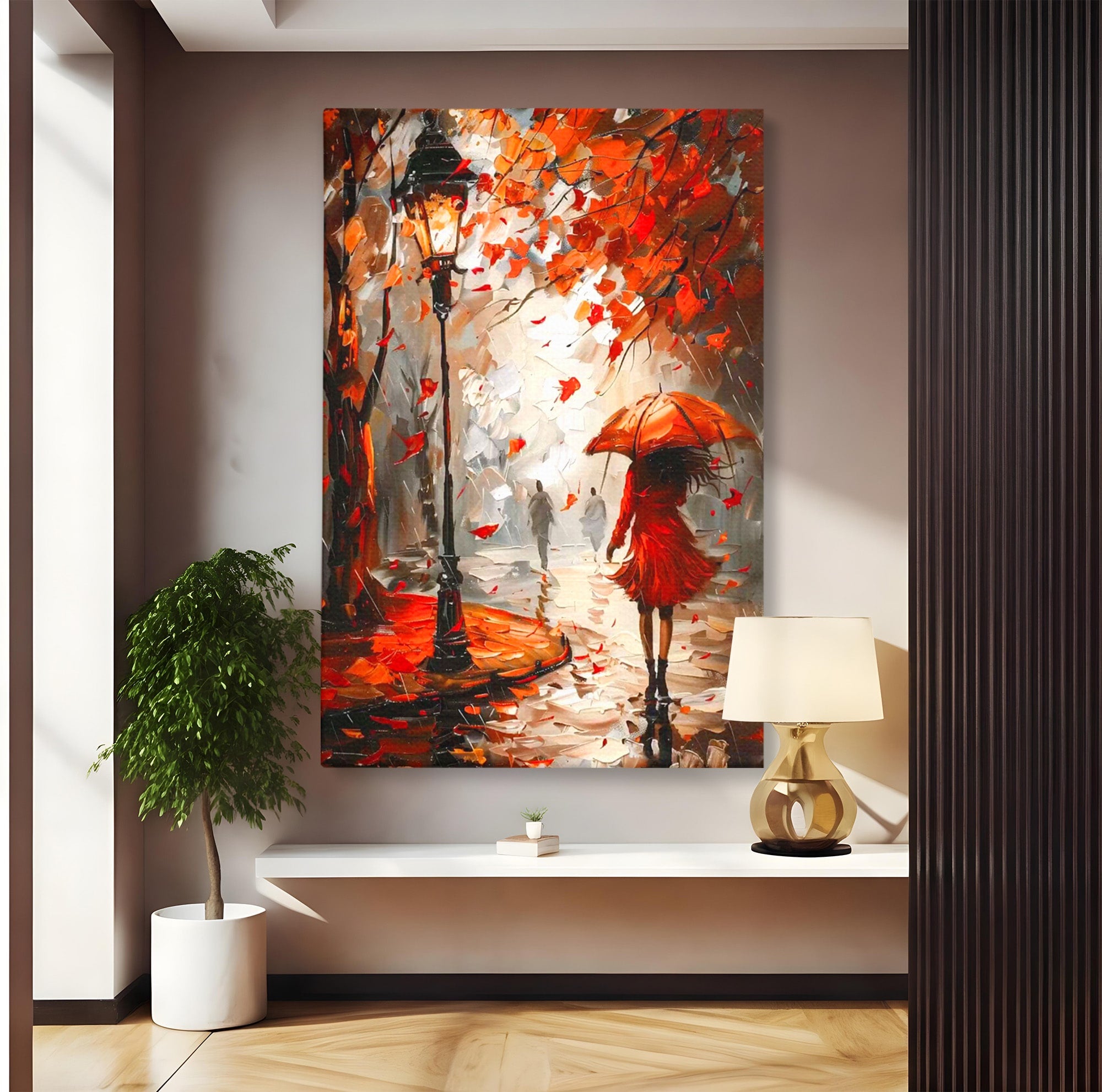 Tablou Canvas Premium LuxCanva® PI1069, Plimbare De Toamna, Toamna, Umbrela, Femeie, Plimbare, Parc, Living, Romantic, Culori Vibrante