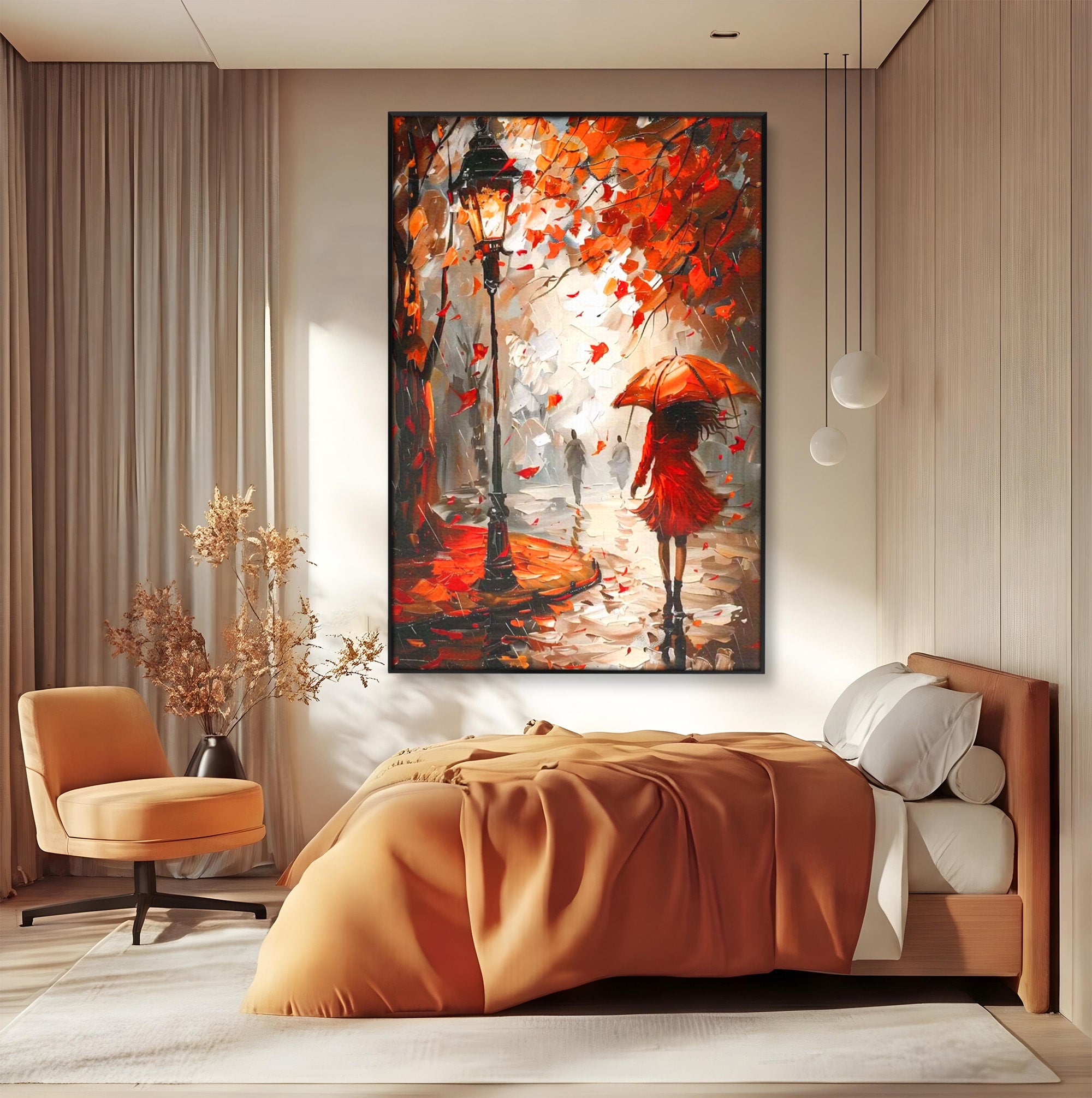 Tablou Canvas Premium LuxCanva® PI1069, Plimbare De Toamna, Toamna, Umbrela, Femeie, Plimbare, Parc, Living, Romantic, Culori Vibrante