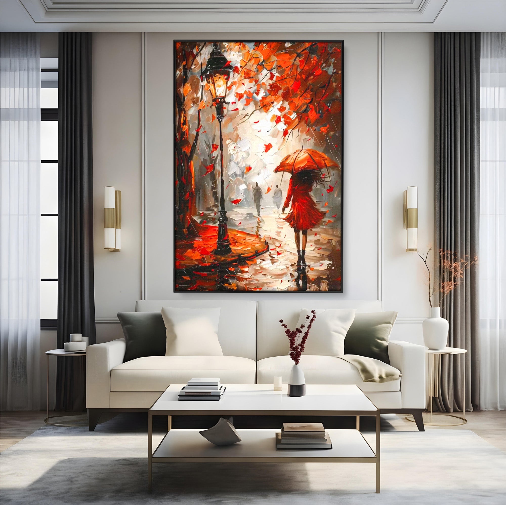 Tablou Canvas Premium LuxCanva® PI1069, Plimbare De Toamna, Toamna, Umbrela, Femeie, Plimbare, Parc, Living, Romantic, Culori Vibrante