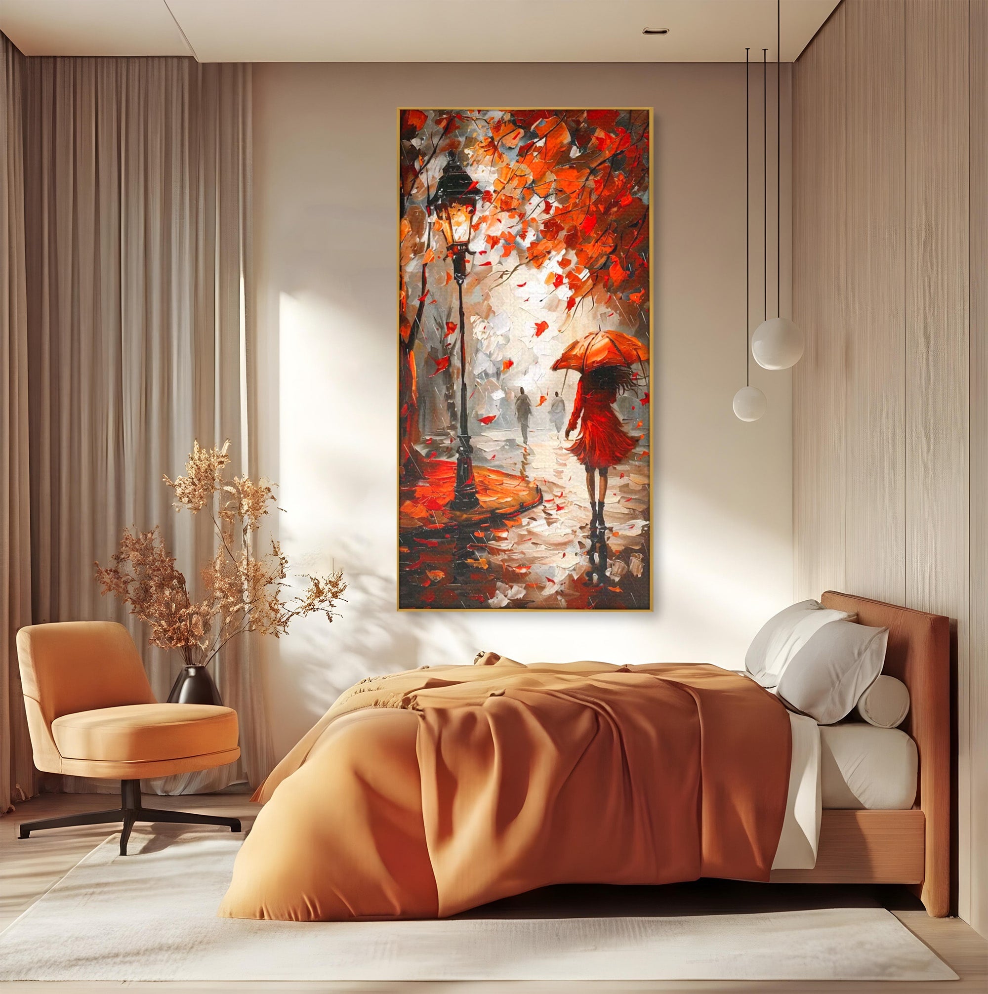 Tablou Canvas Premium LuxCanva® PI1069, Plimbare De Toamna, Toamna, Umbrela, Femeie, Plimbare, Parc, Living, Romantic, Culori Vibrante