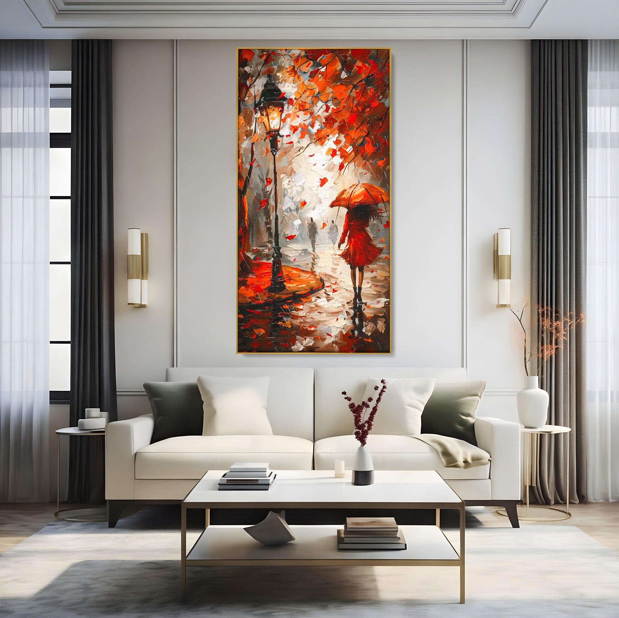 Tablou Canvas Premium LuxCanva® PI1069, Plimbare De Toamna, Toamna, Umbrela, Femeie, Plimbare, Parc, Living, Romantic, Culori Vibrante