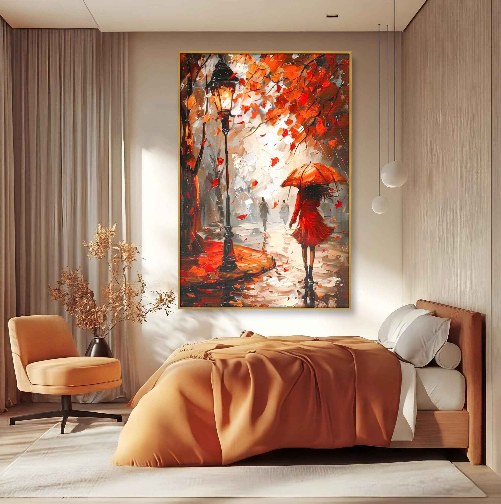 Tablou Canvas Premium LuxCanva® PI1069, Plimbare De Toamna, Toamna, Umbrela, Femeie, Plimbare, Parc, Living, Romantic, Culori Vibrante