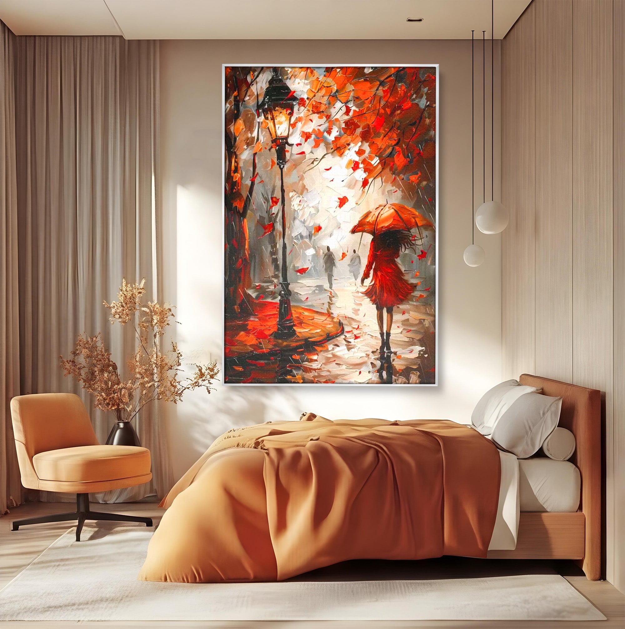 Tablou Canvas Premium LuxCanva® PI1069, Plimbare De Toamna, Toamna, Umbrela, Femeie, Plimbare, Parc, Living, Romantic, Culori Vibrante