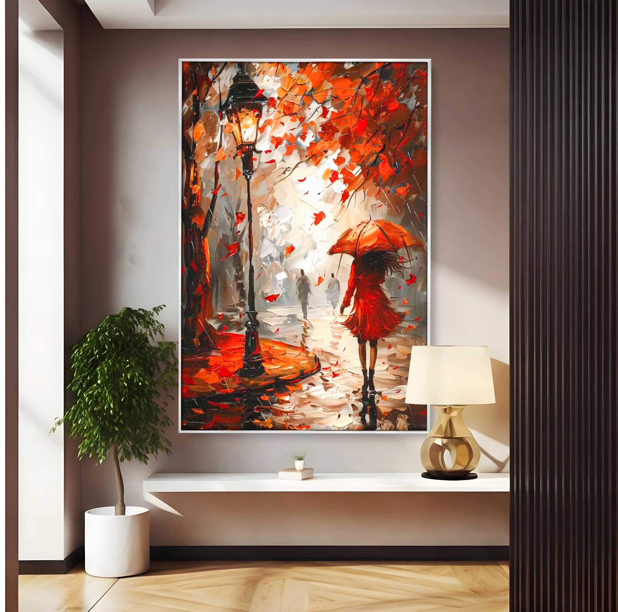 Tablou Canvas Premium LuxCanva® PI1069, Plimbare De Toamna, Toamna, Umbrela, Femeie, Plimbare, Parc, Living, Romantic, Culori Vibrante
