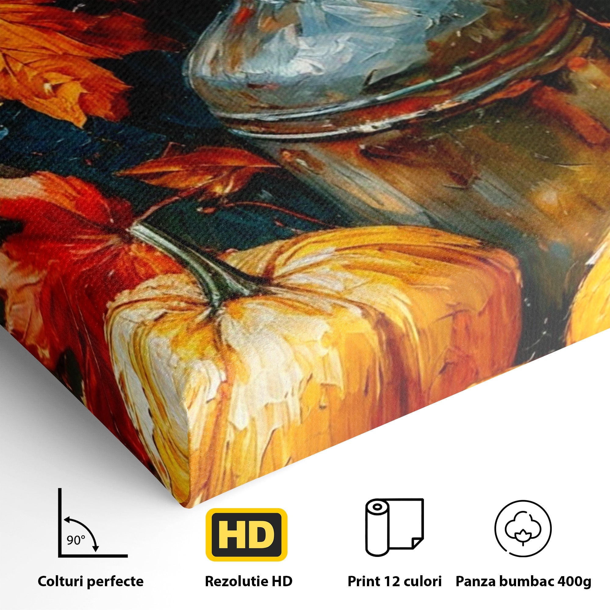 Tablou Canvas Premium LuxCanva® PI1071, Dovleci De Toamna, Portocaliu, Dovleci, Frunze, Natura, Living, Culori Vibrante