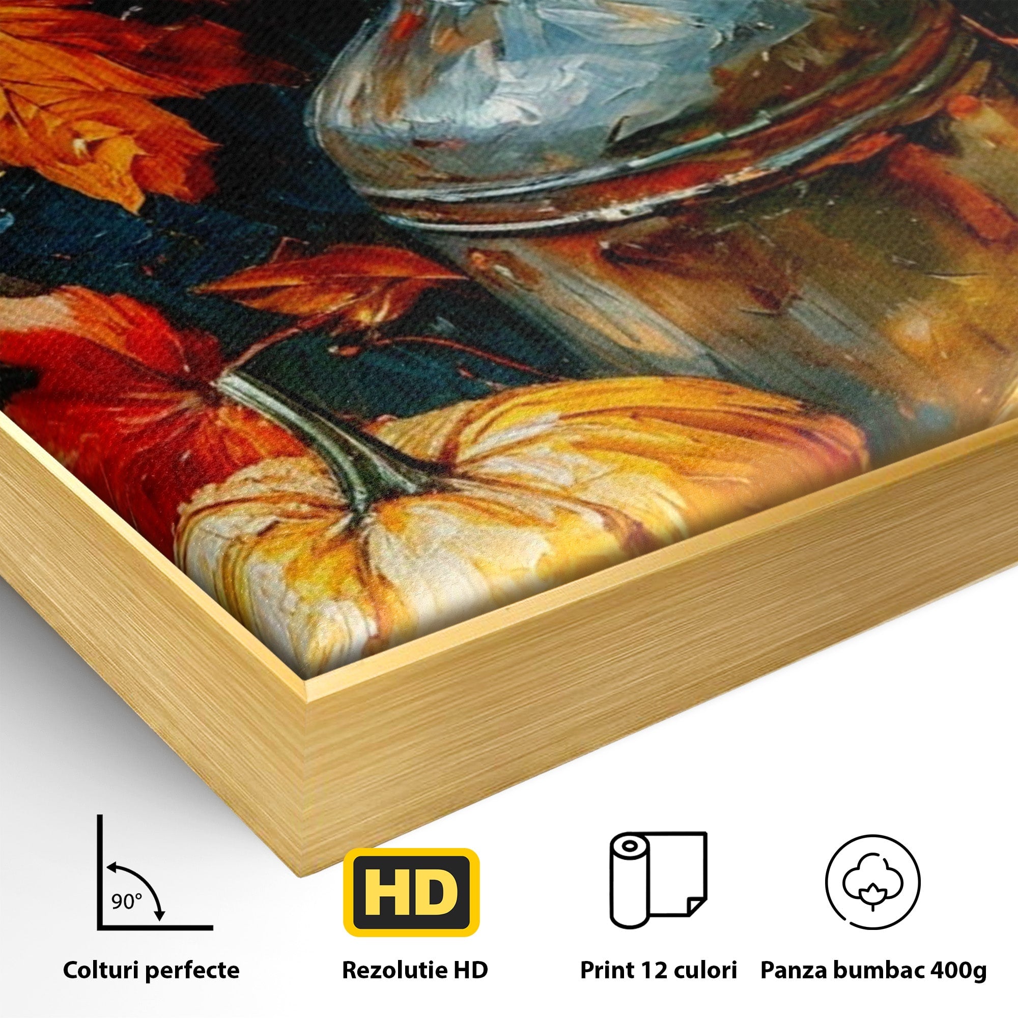 Tablou Canvas Premium LuxCanva® PI1071, Dovleci De Toamna, Portocaliu, Dovleci, Frunze, Natura, Living, Culori Vibrante