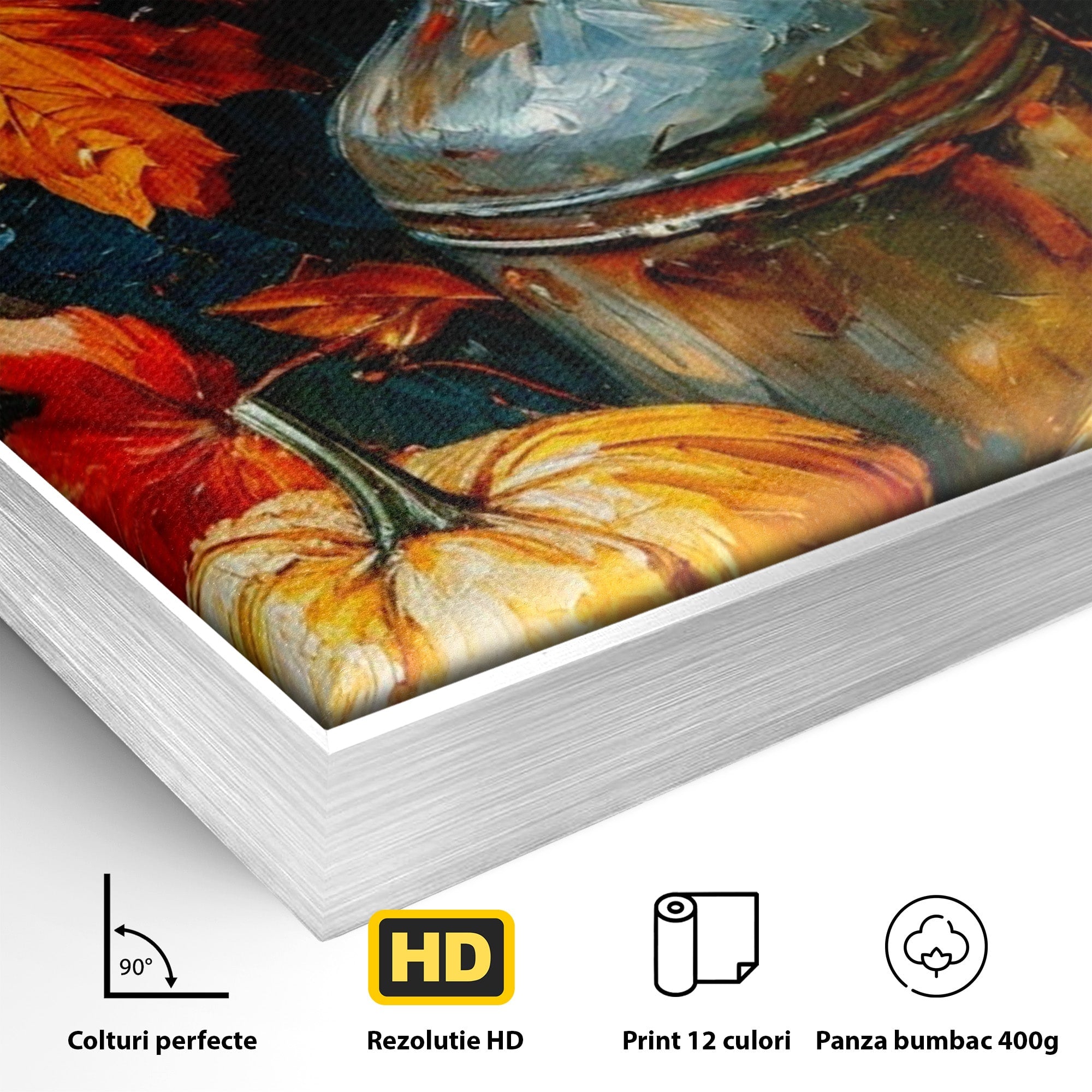 Tablou Canvas Premium LuxCanva® PI1071, Dovleci De Toamna, Portocaliu, Dovleci, Frunze, Natura, Living, Culori Vibrante
