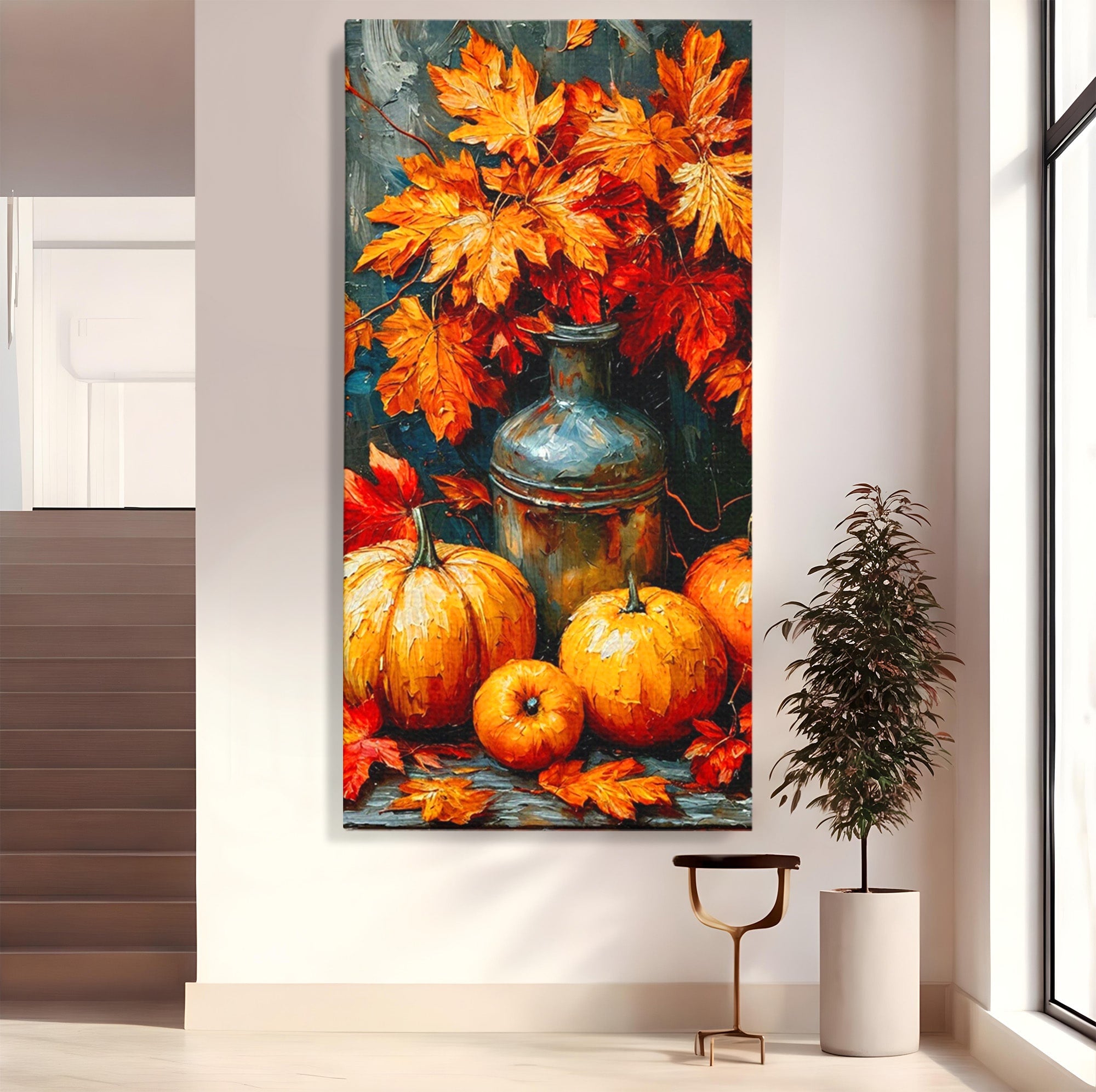 Tablou Canvas Premium LuxCanva® PI1071, Dovleci De Toamna, Portocaliu, Dovleci, Frunze, Natura, Living, Culori Vibrante