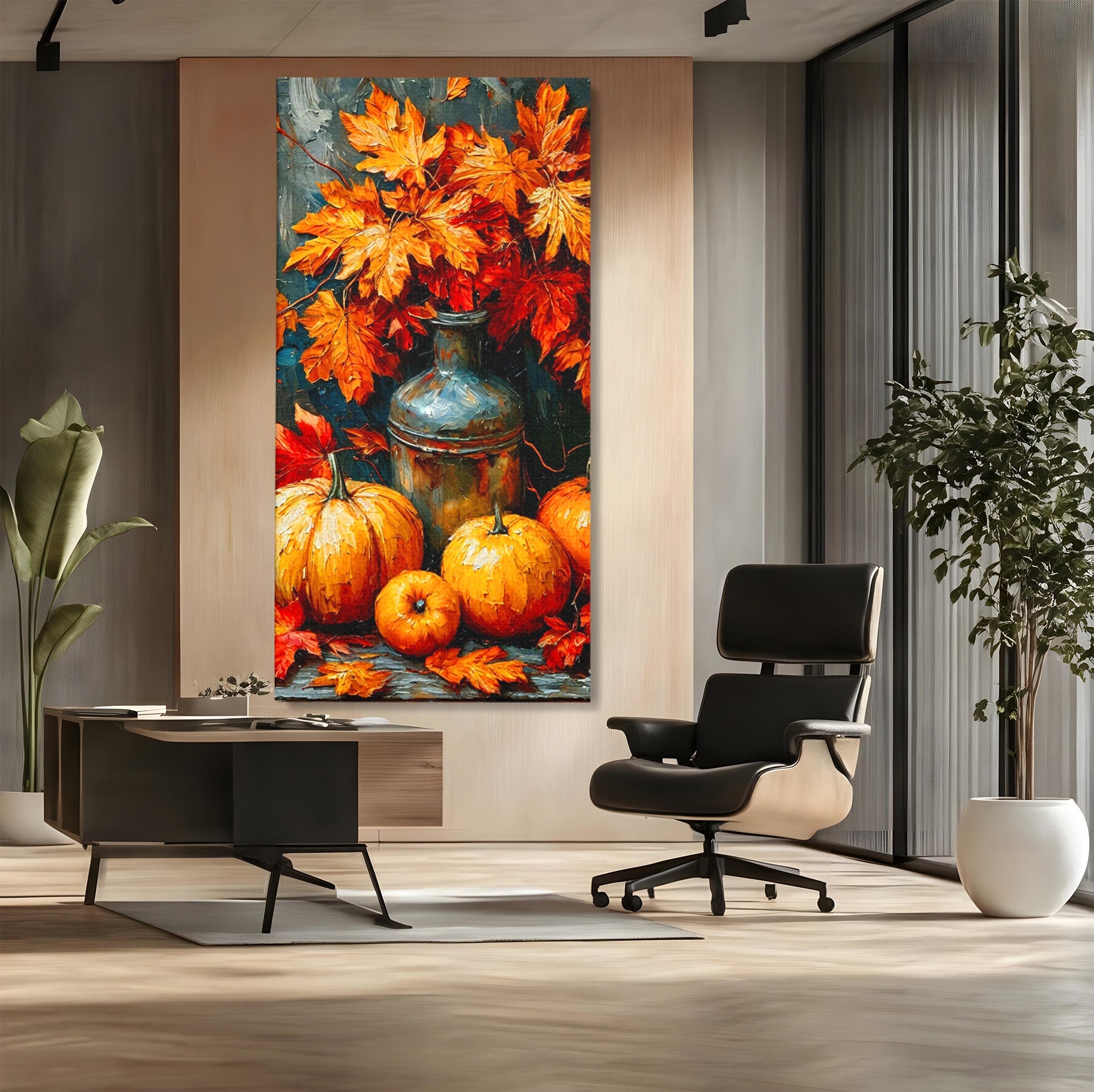 Tablou Canvas Premium LuxCanva® PI1071, Dovleci De Toamna, Portocaliu, Dovleci, Frunze, Natura, Living, Culori Vibrante