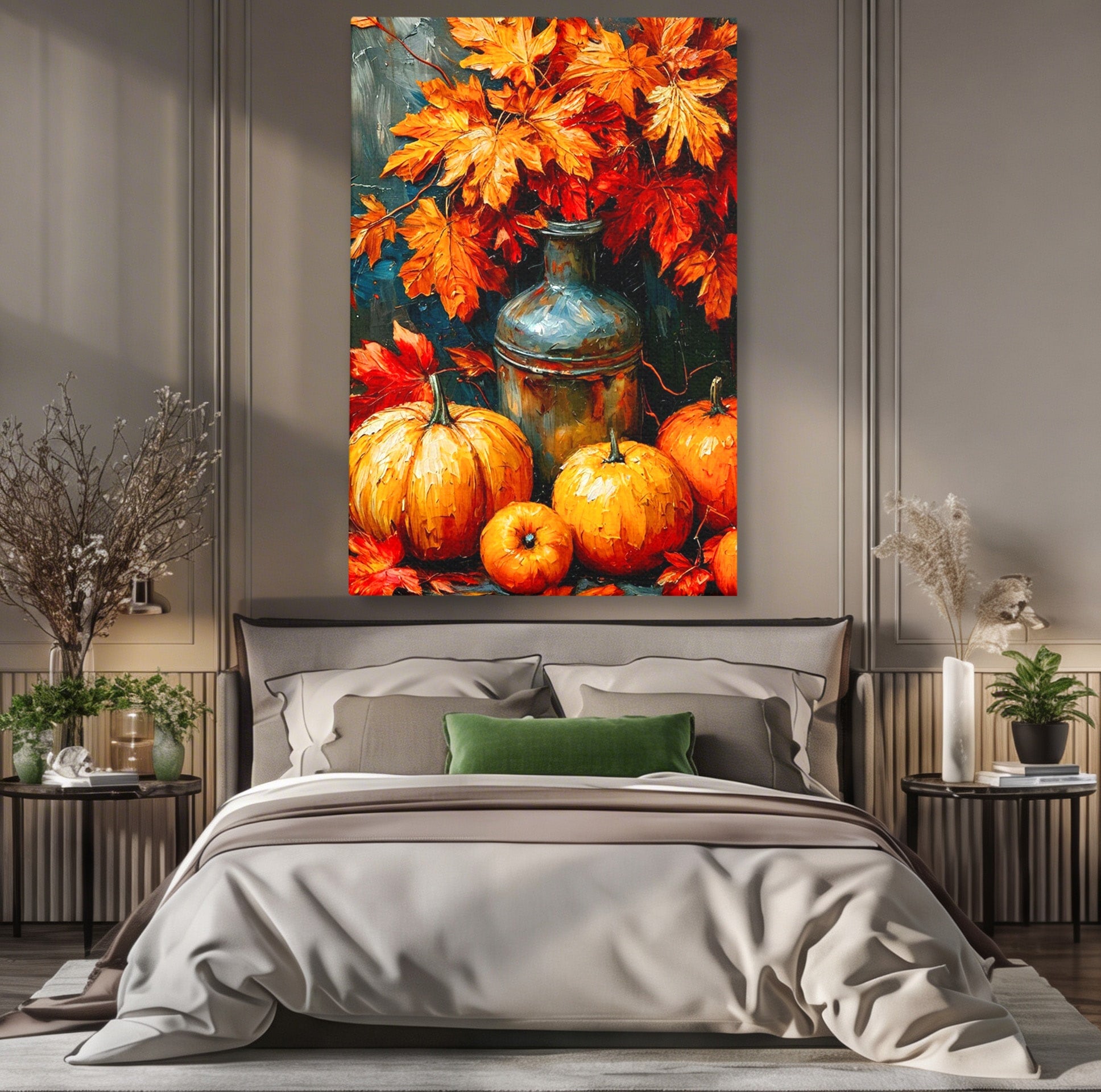 Tablou Canvas Premium LuxCanva® PI1071, Dovleci De Toamna, Portocaliu, Dovleci, Frunze, Natura, Living, Culori Vibrante