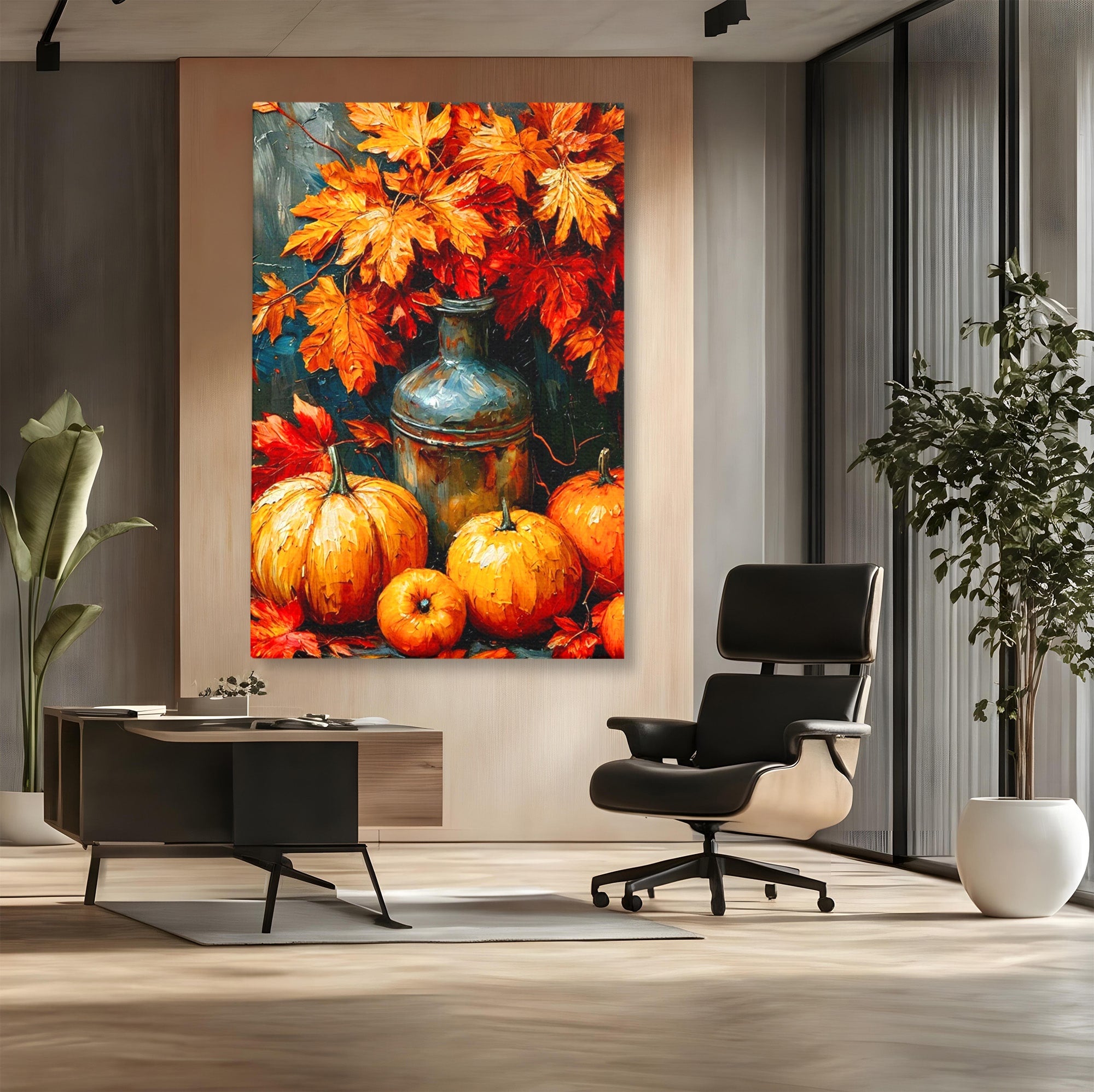 Tablou Canvas Premium LuxCanva® PI1071, Dovleci De Toamna, Portocaliu, Dovleci, Frunze, Natura, Living, Culori Vibrante
