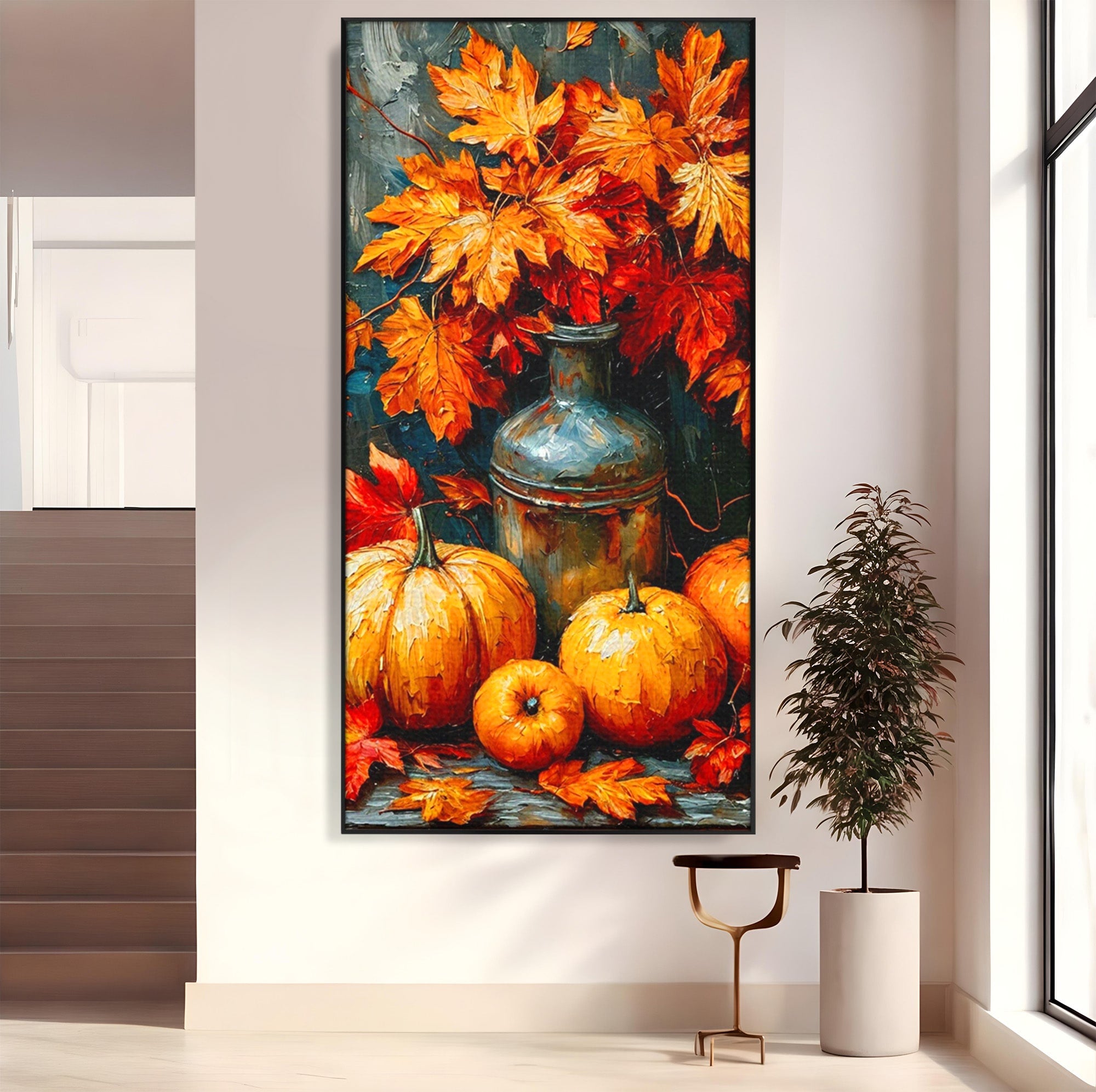 Tablou Canvas Premium LuxCanva® PI1071, Dovleci De Toamna, Portocaliu, Dovleci, Frunze, Natura, Living, Culori Vibrante
