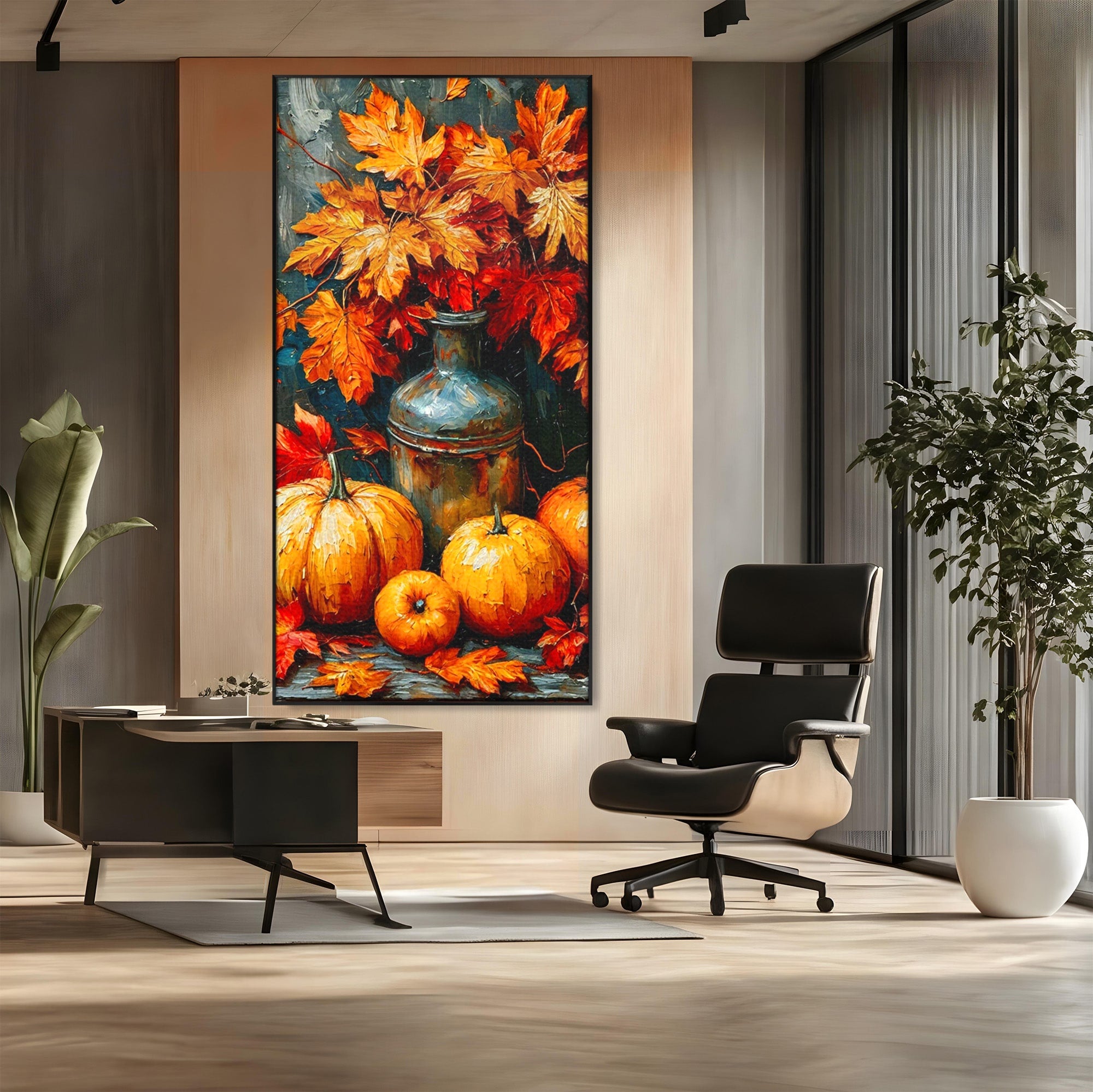 Tablou Canvas Premium LuxCanva® PI1071, Dovleci De Toamna, Portocaliu, Dovleci, Frunze, Natura, Living, Culori Vibrante