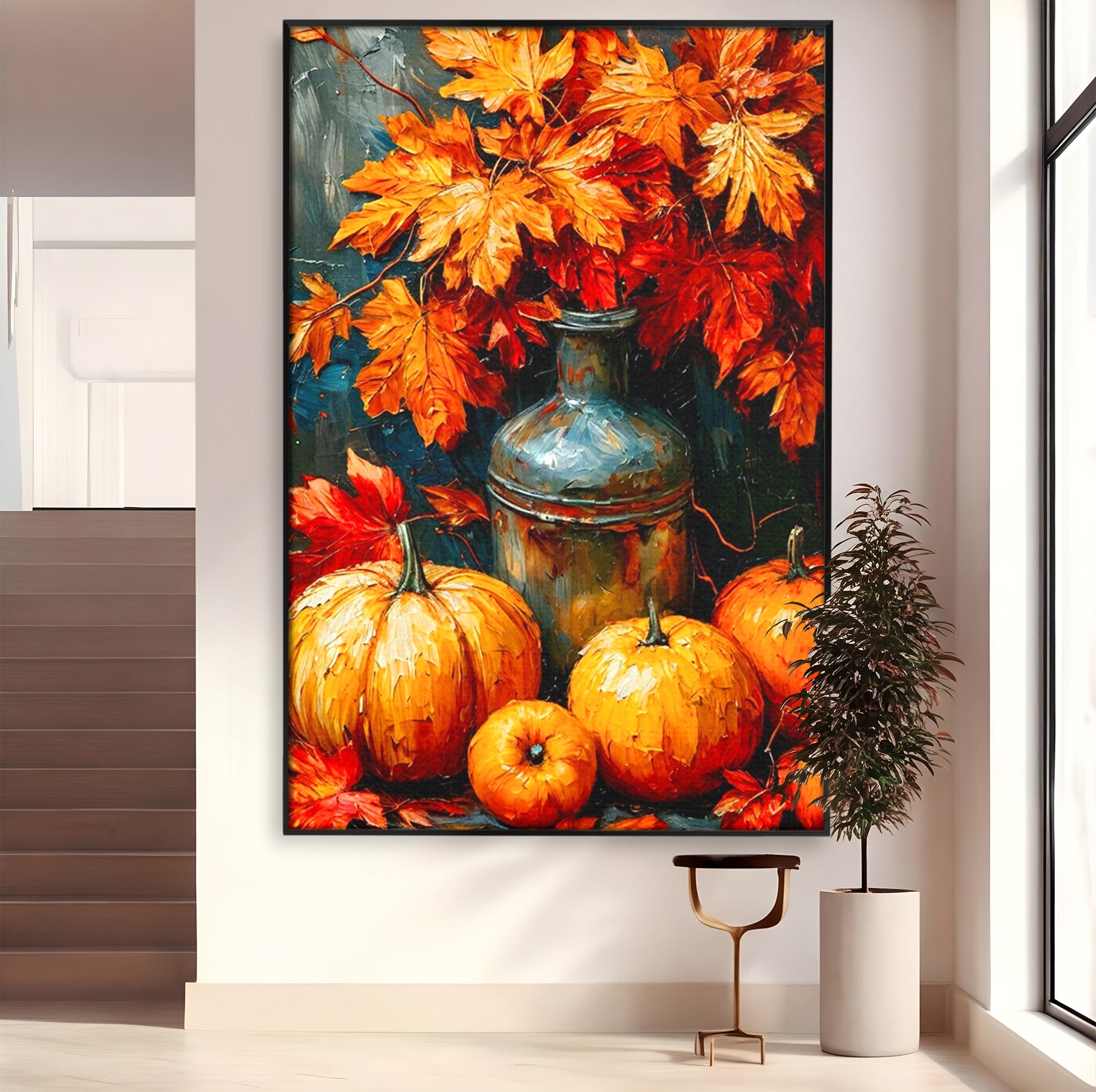 Tablou Canvas Premium LuxCanva® PI1071, Dovleci De Toamna, Portocaliu, Dovleci, Frunze, Natura, Living, Culori Vibrante