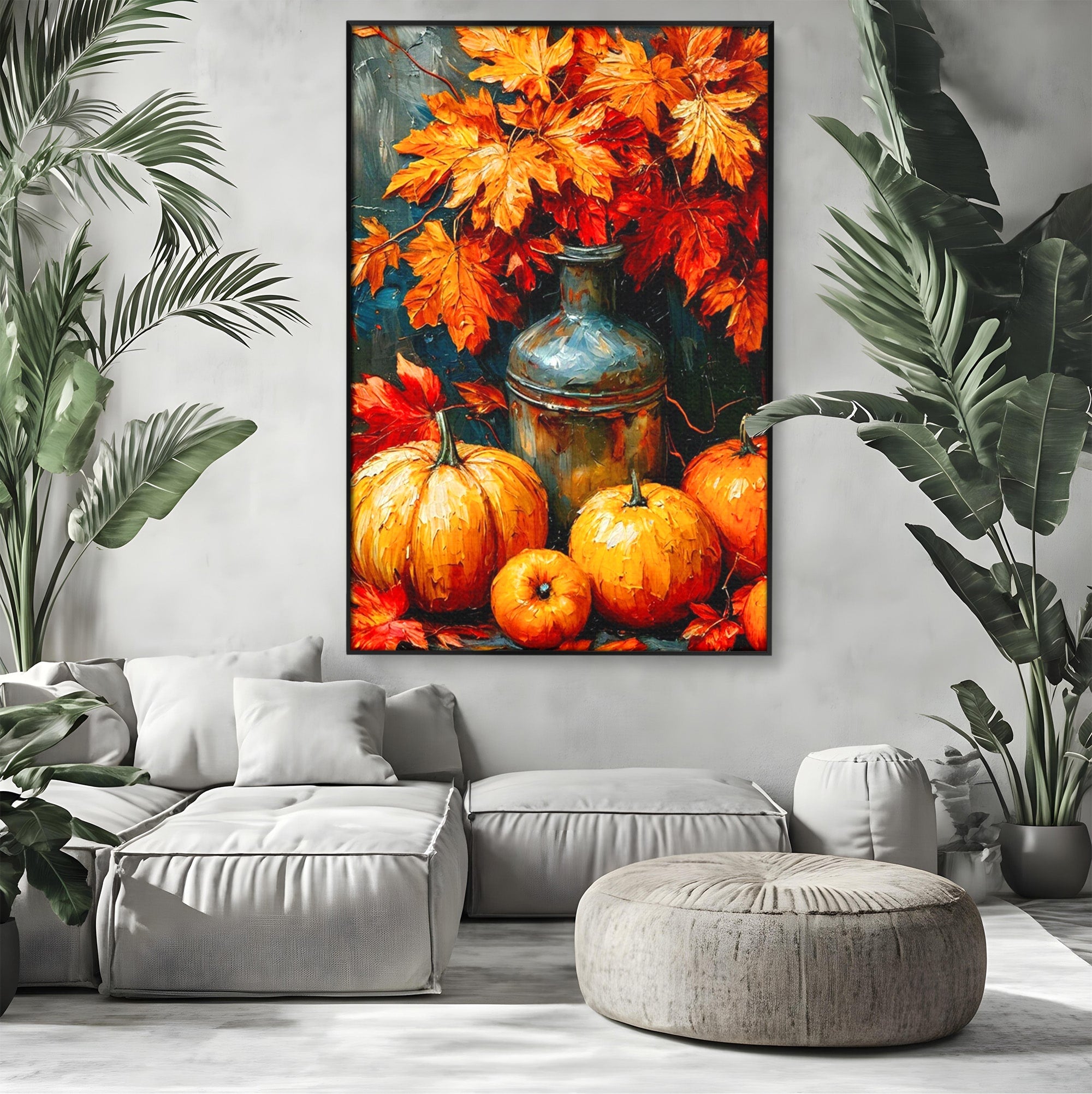 Tablou Canvas Premium LuxCanva® PI1071, Dovleci De Toamna, Portocaliu, Dovleci, Frunze, Natura, Living, Culori Vibrante