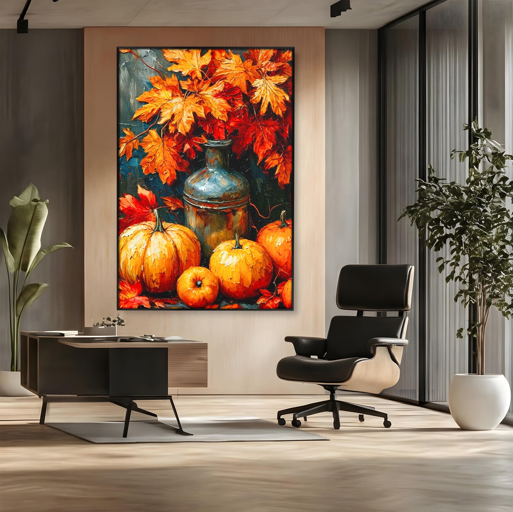 Tablou Canvas Premium LuxCanva® PI1071, Dovleci De Toamna, Portocaliu, Dovleci, Frunze, Natura, Living, Culori Vibrante