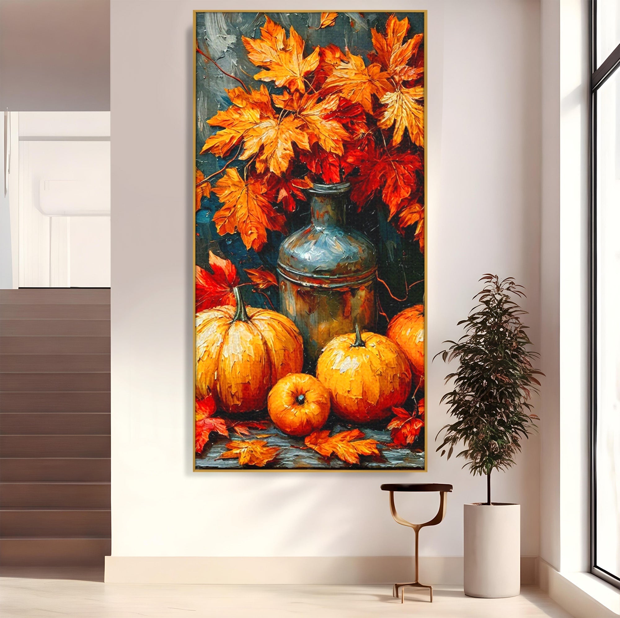 Tablou Canvas Premium LuxCanva® PI1071, Dovleci De Toamna, Portocaliu, Dovleci, Frunze, Natura, Living, Culori Vibrante