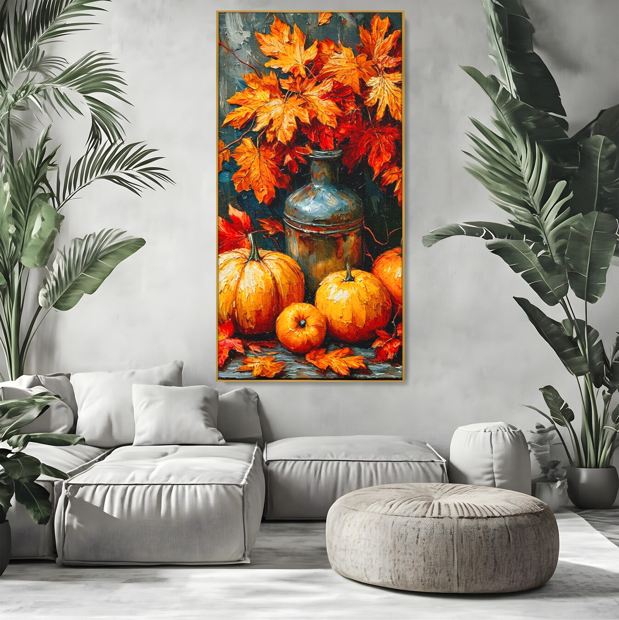 Tablou Canvas Premium LuxCanva® PI1071, Dovleci De Toamna, Portocaliu, Dovleci, Frunze, Natura, Living, Culori Vibrante