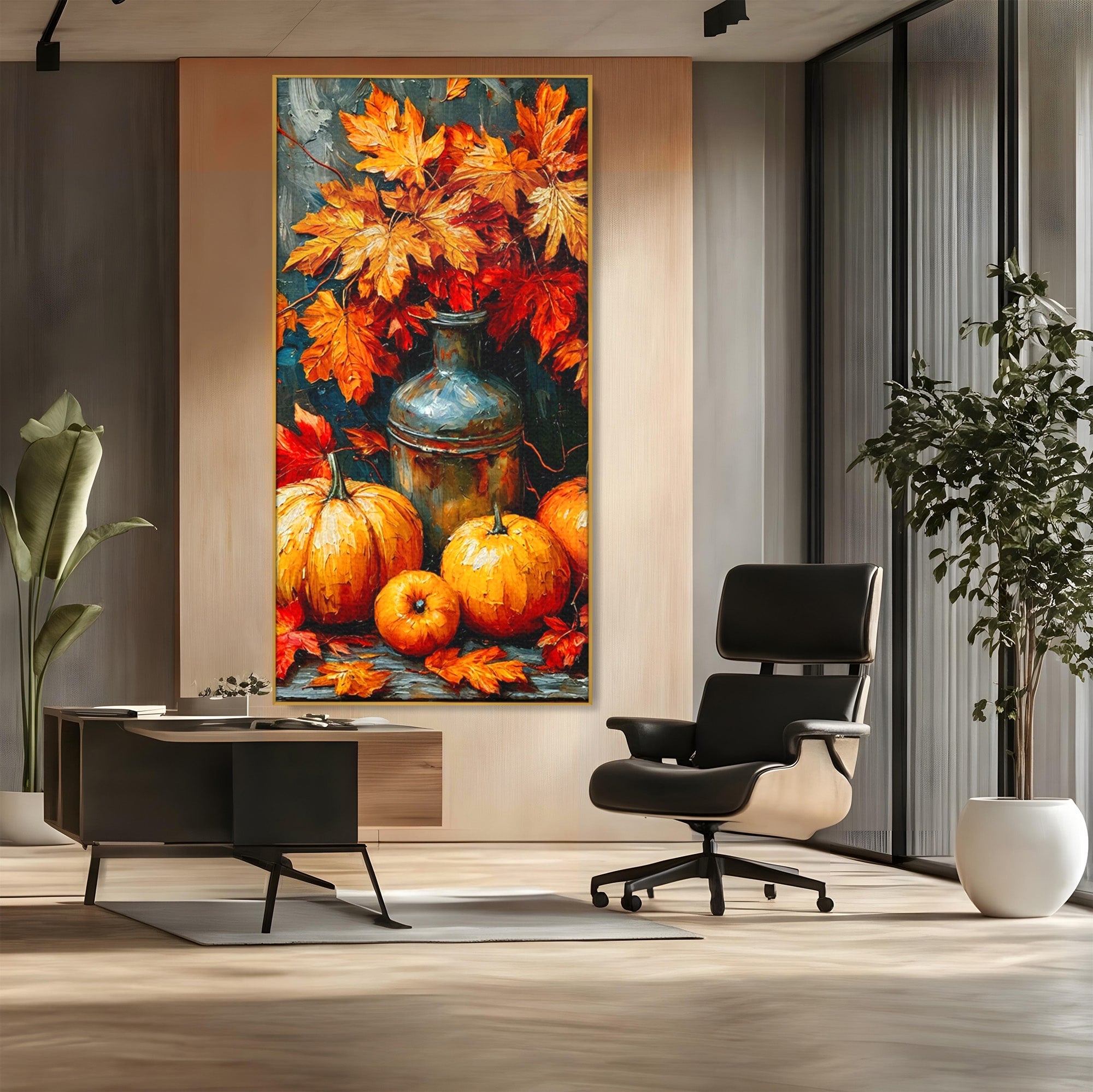 Tablou Canvas Premium LuxCanva® PI1071, Dovleci De Toamna, Portocaliu, Dovleci, Frunze, Natura, Living, Culori Vibrante