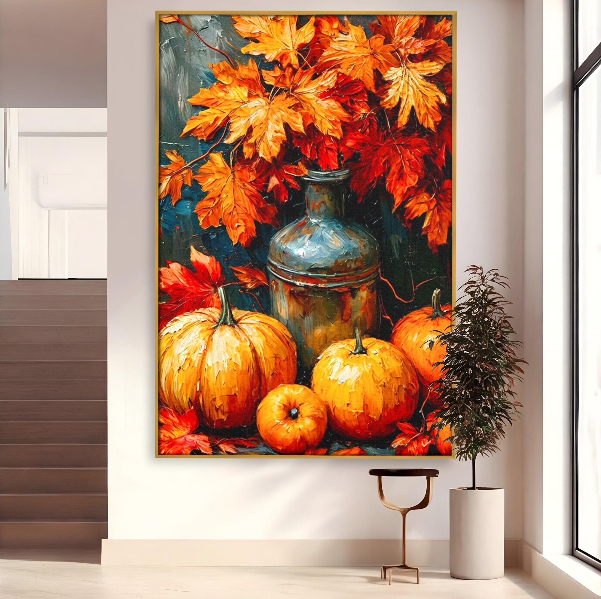 Tablou Canvas Premium LuxCanva® PI1071, Dovleci De Toamna, Portocaliu, Dovleci, Frunze, Natura, Living, Culori Vibrante