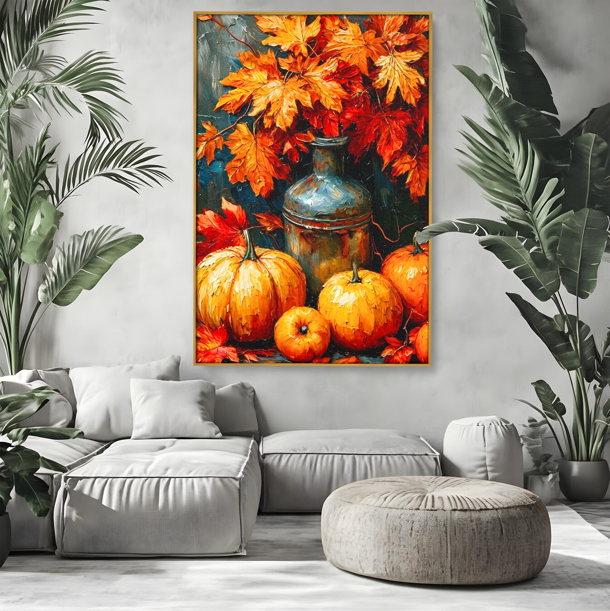 Tablou Canvas Premium LuxCanva® PI1071, Dovleci De Toamna, Portocaliu, Dovleci, Frunze, Natura, Living, Culori Vibrante