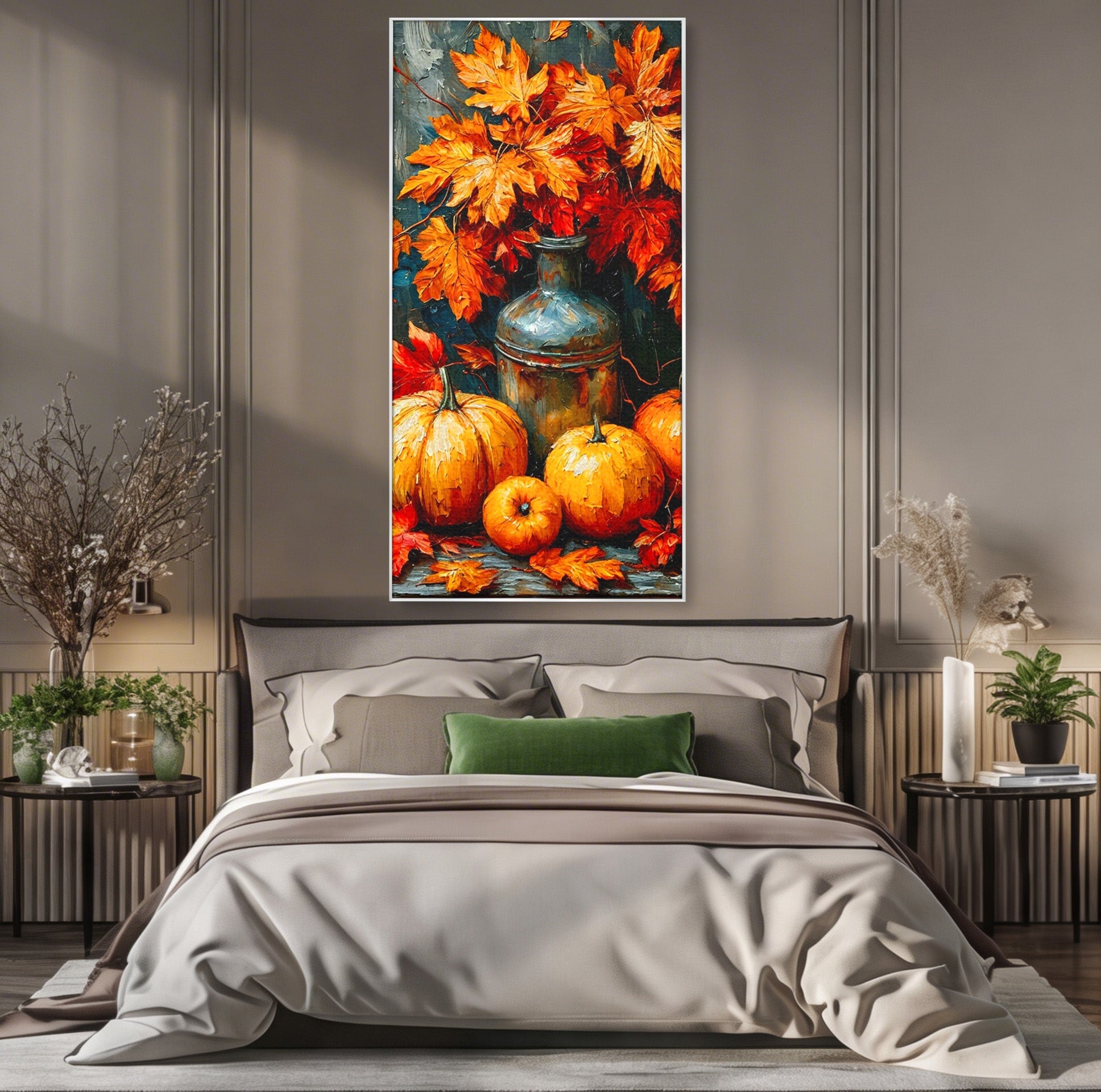 Tablou Canvas Premium LuxCanva® PI1071, Dovleci De Toamna, Portocaliu, Dovleci, Frunze, Natura, Living, Culori Vibrante