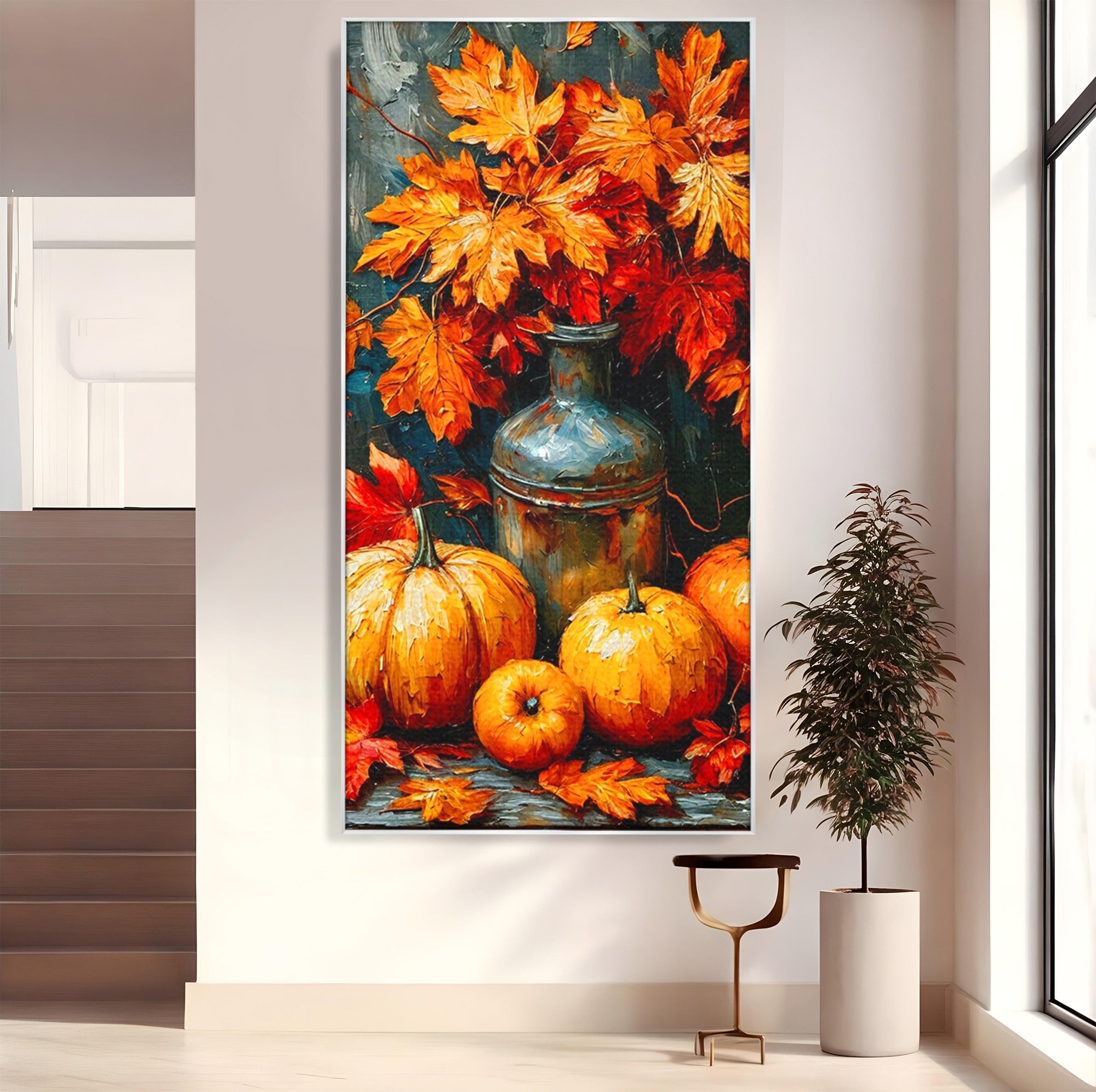 Tablou Canvas Premium LuxCanva® PI1071, Dovleci De Toamna, Portocaliu, Dovleci, Frunze, Natura, Living, Culori Vibrante