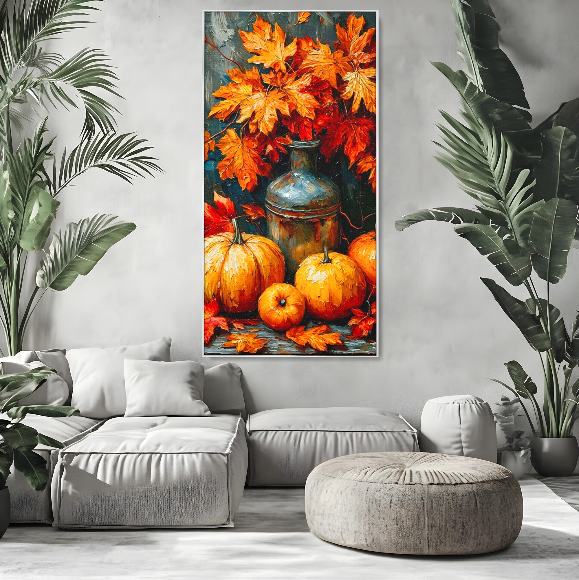 Tablou Canvas Premium LuxCanva® PI1071, Dovleci De Toamna, Portocaliu, Dovleci, Frunze, Natura, Living, Culori Vibrante