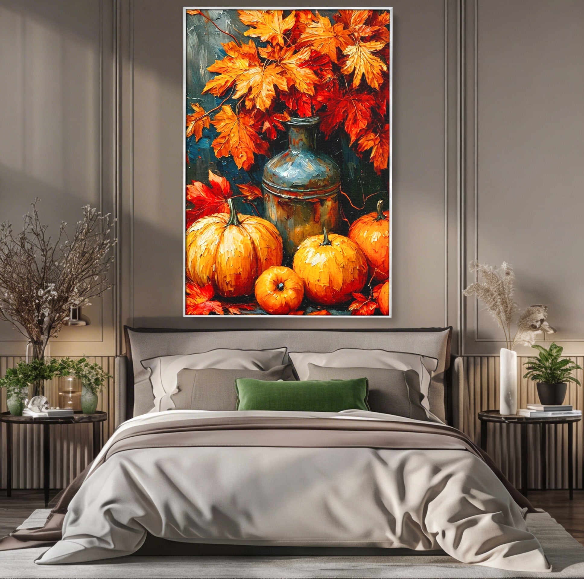 Tablou Canvas Premium LuxCanva® PI1071, Dovleci De Toamna, Portocaliu, Dovleci, Frunze, Natura, Living, Culori Vibrante