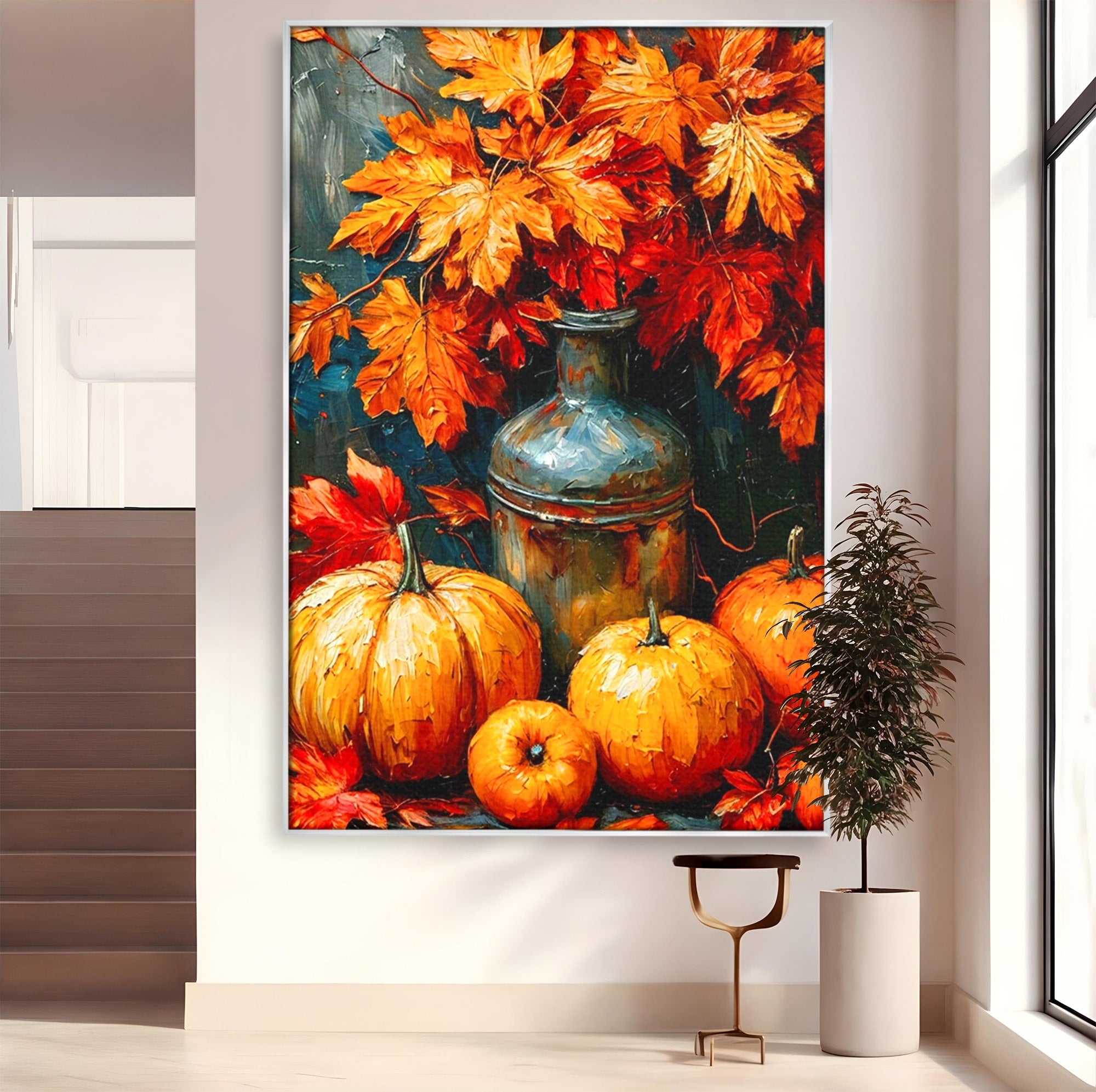 Tablou Canvas Premium LuxCanva® PI1071, Dovleci De Toamna, Portocaliu, Dovleci, Frunze, Natura, Living, Culori Vibrante