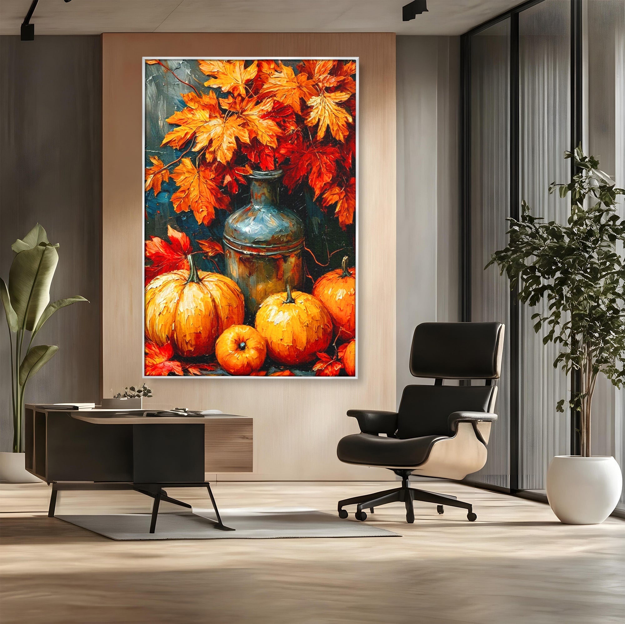 Tablou Canvas Premium LuxCanva® PI1071, Dovleci De Toamna, Portocaliu, Dovleci, Frunze, Natura, Living, Culori Vibrante