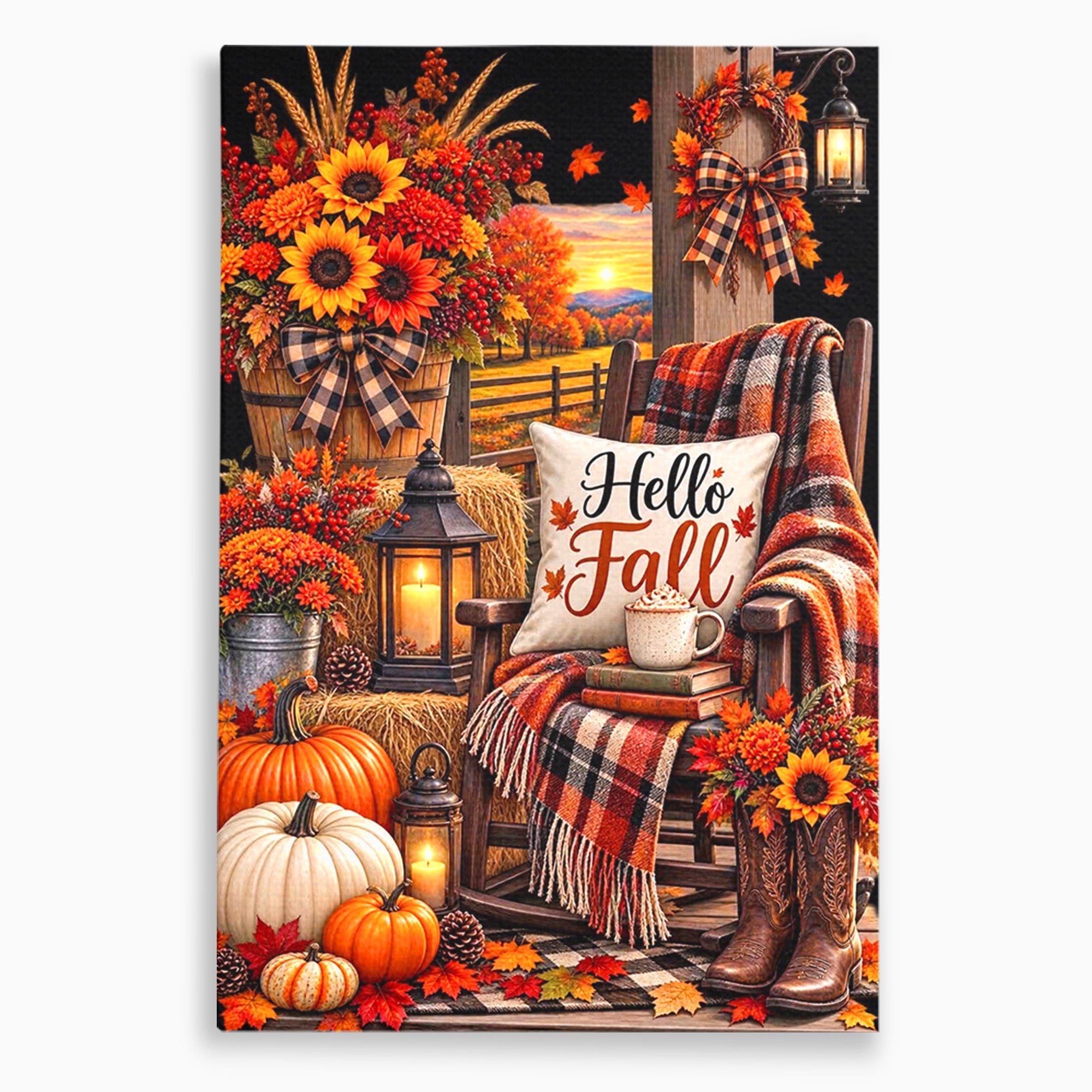 Tablou Canvas Premium LuxCanva® PI1072, Bine Ai Venit Toamna, Armonie, Decor Rustic, Lanterna, Living, Culori Calde, Culori Vibrante