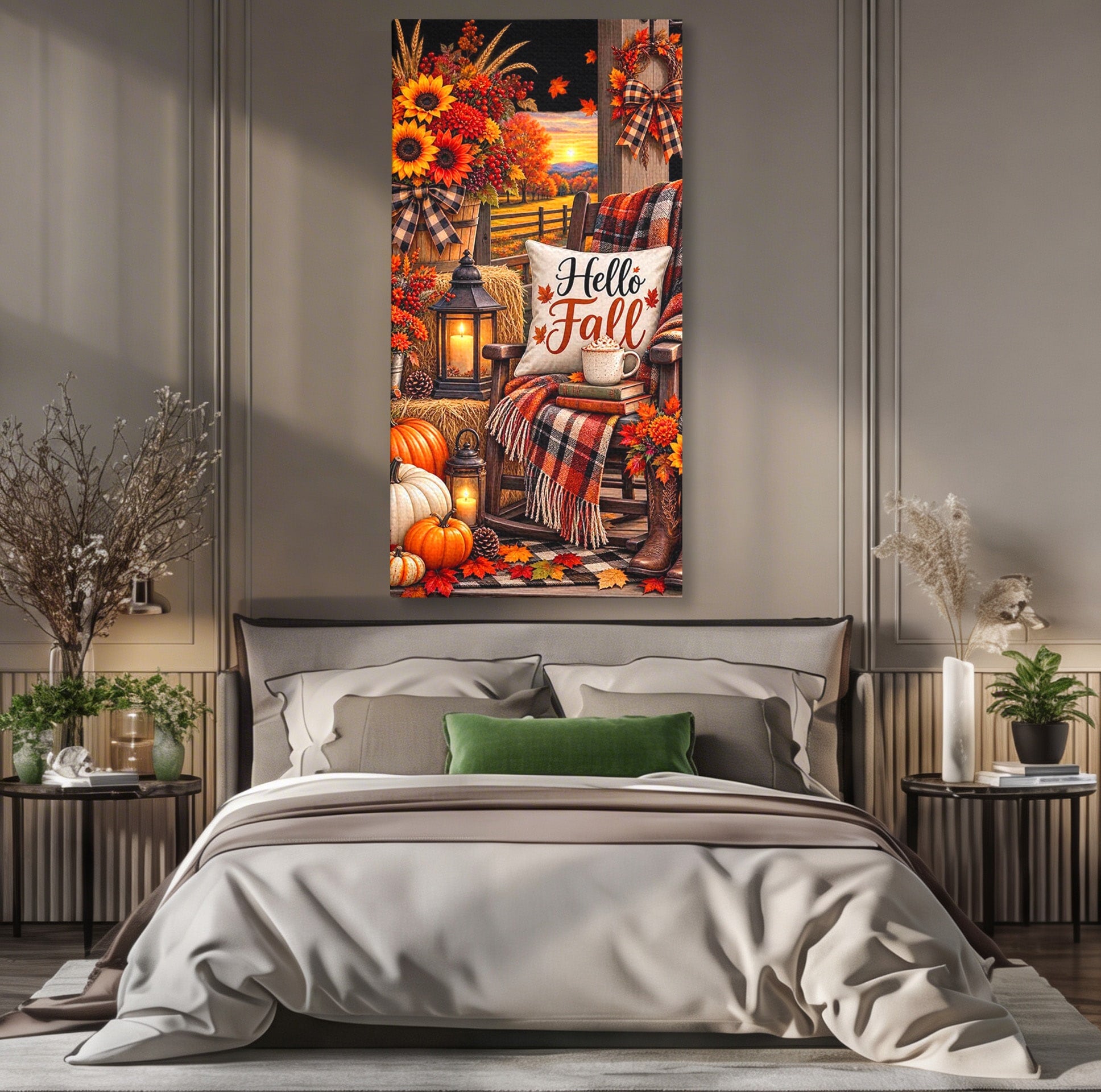 Tablou Canvas Premium LuxCanva® PI1072, Bine Ai Venit Toamna, Armonie, Decor Rustic, Lanterna, Living, Culori Calde, Culori Vibrante