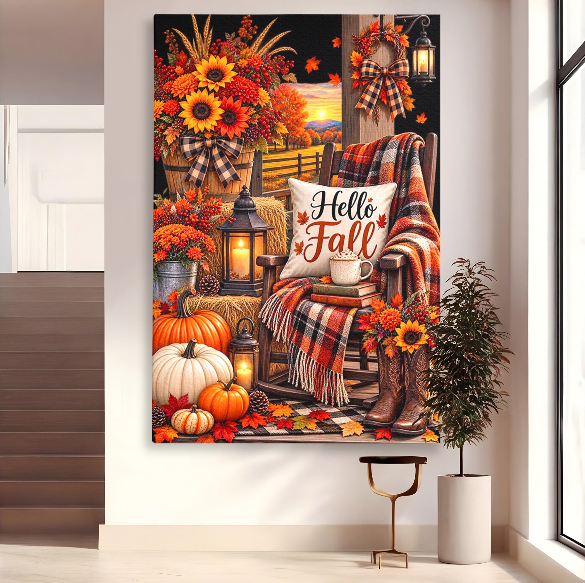 Tablou Canvas Premium LuxCanva® PI1072, Bine Ai Venit Toamna, Armonie, Decor Rustic, Lanterna, Living, Culori Calde, Culori Vibrante