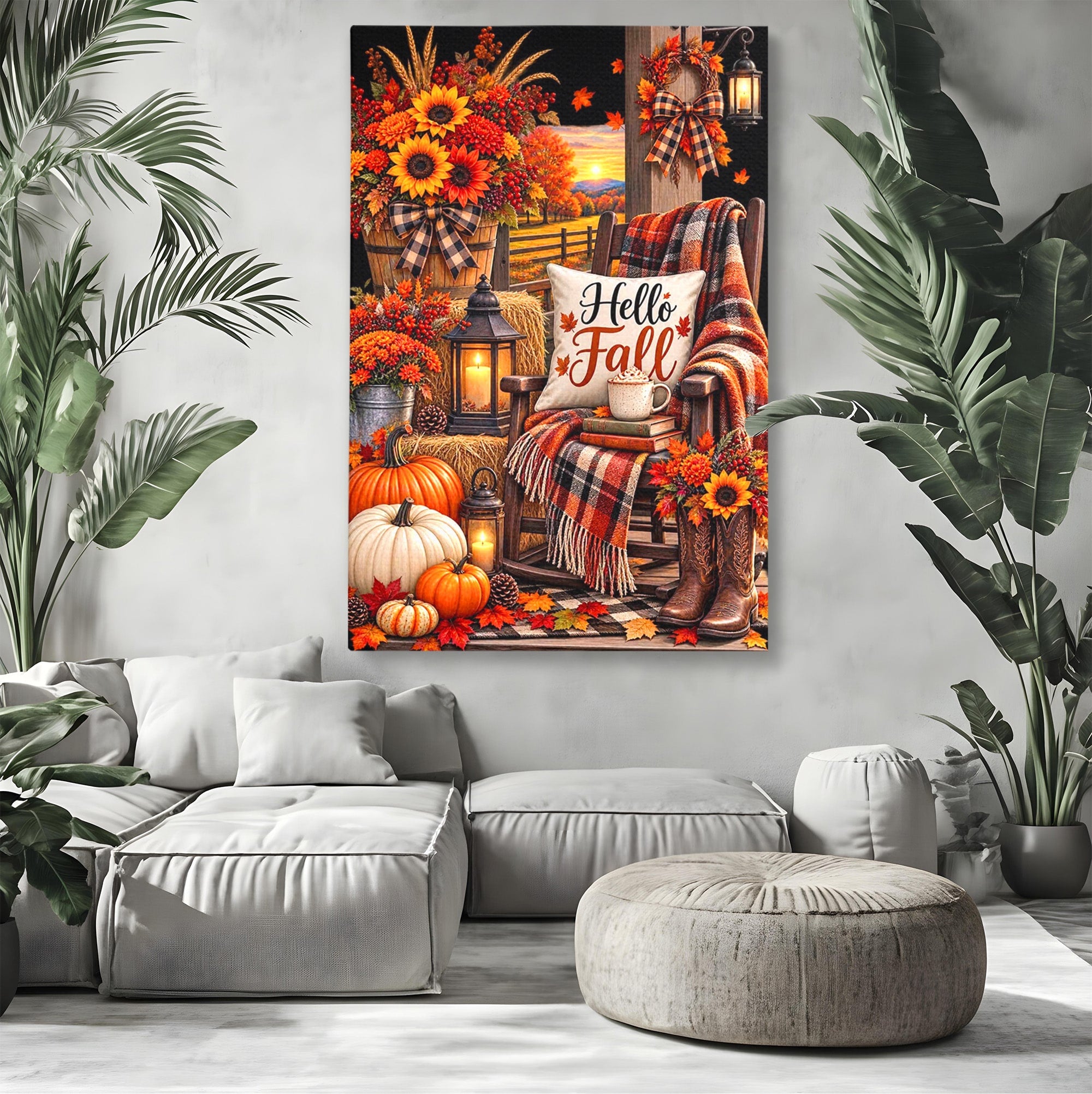 Tablou Canvas Premium LuxCanva® PI1072, Bine Ai Venit Toamna, Armonie, Decor Rustic, Lanterna, Living, Culori Calde, Culori Vibrante