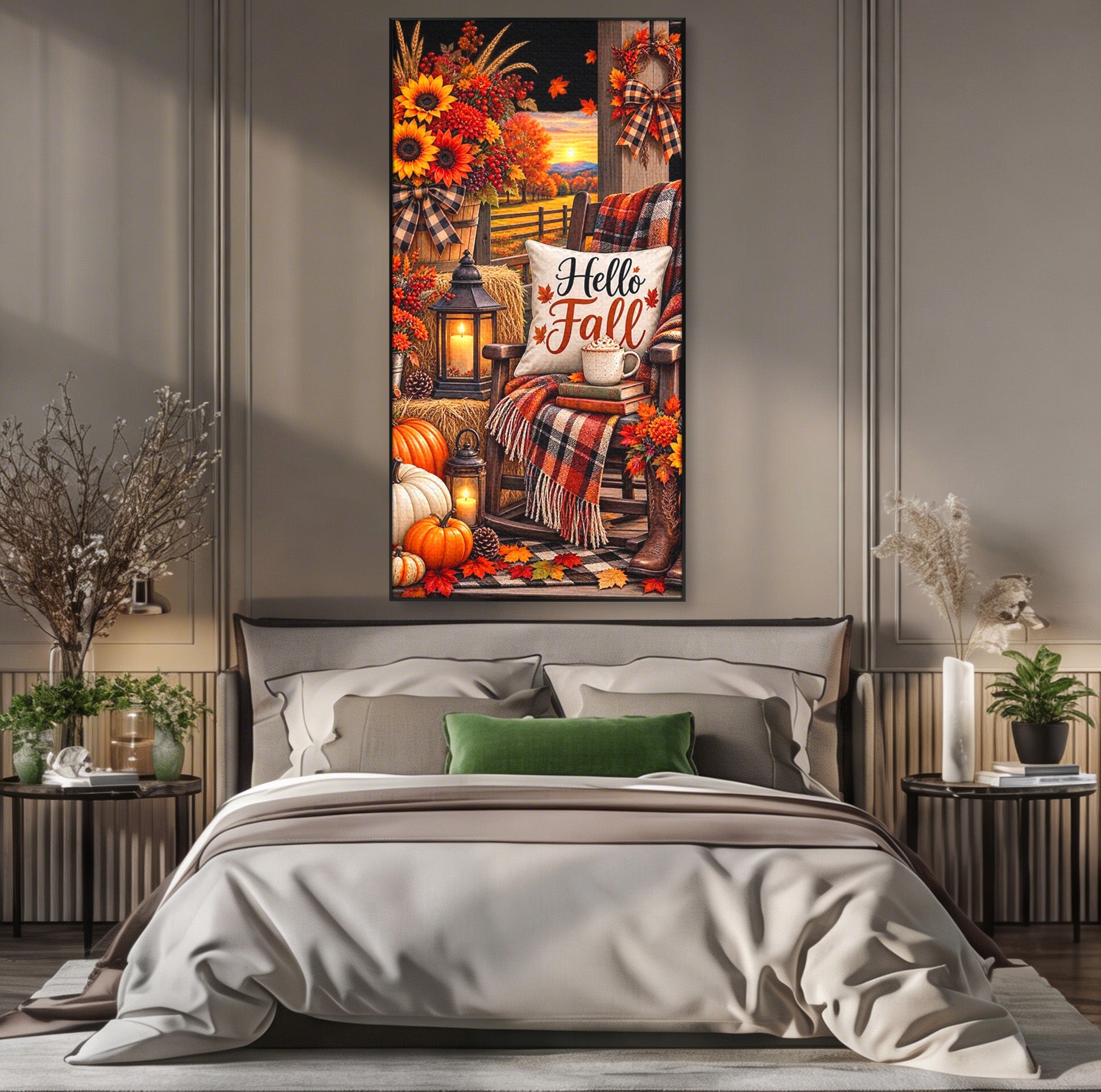 Tablou Canvas Premium LuxCanva® PI1072, Bine Ai Venit Toamna, Armonie, Decor Rustic, Lanterna, Living, Culori Calde, Culori Vibrante