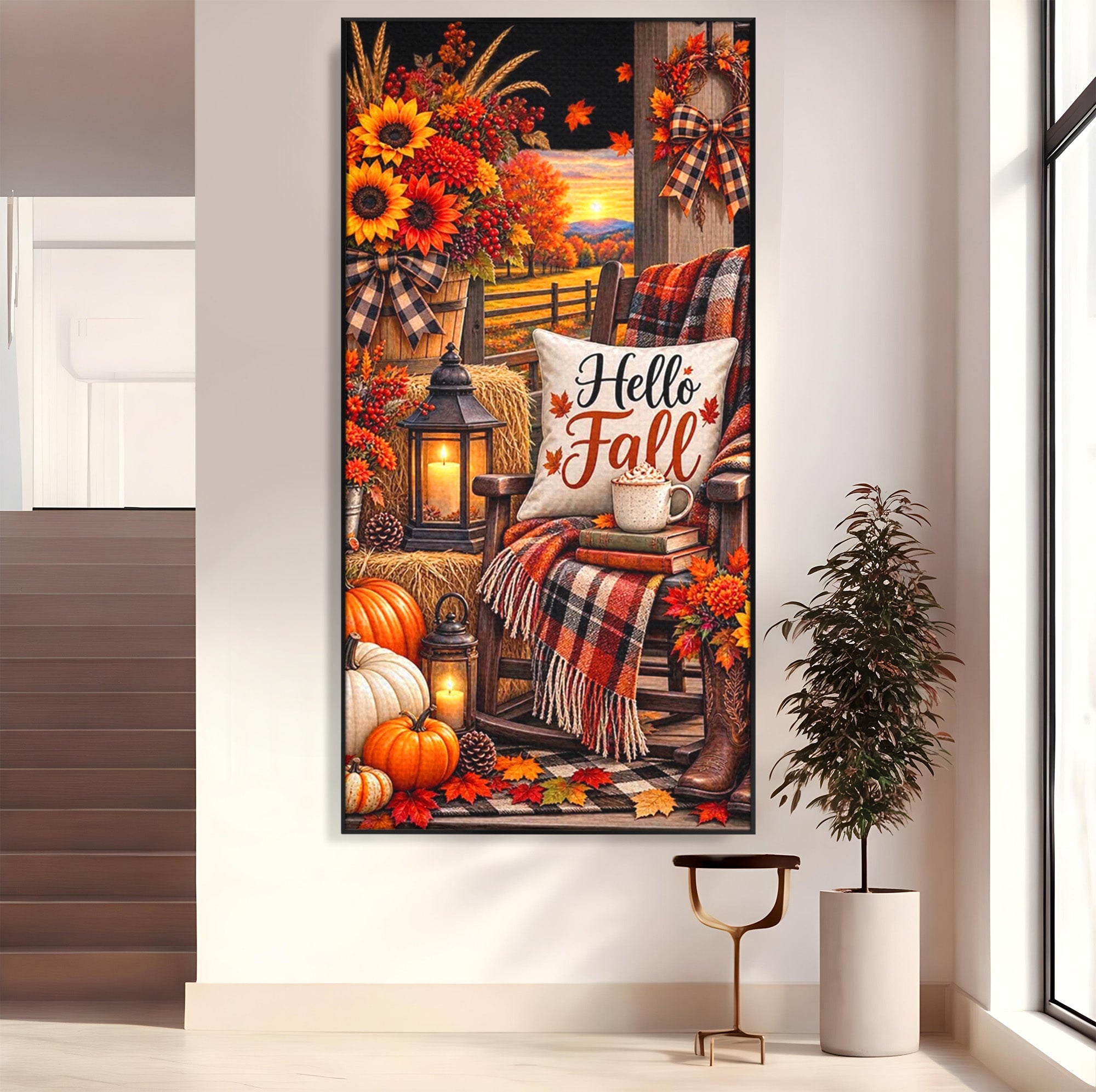 Tablou Canvas Premium LuxCanva® PI1072, Bine Ai Venit Toamna, Armonie, Decor Rustic, Lanterna, Living, Culori Calde, Culori Vibrante