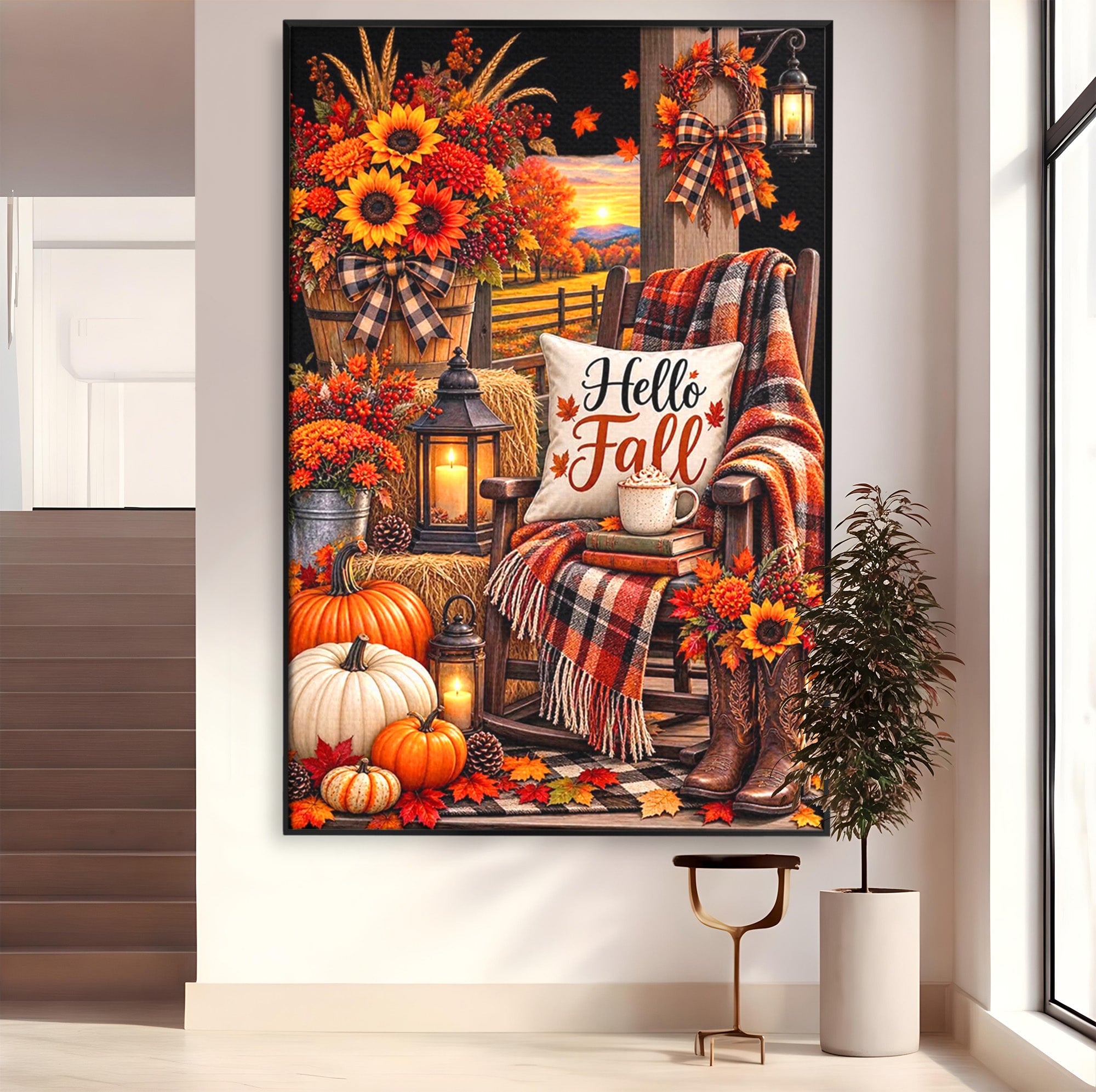 Tablou Canvas Premium LuxCanva® PI1072, Bine Ai Venit Toamna, Armonie, Decor Rustic, Lanterna, Living, Culori Calde, Culori Vibrante