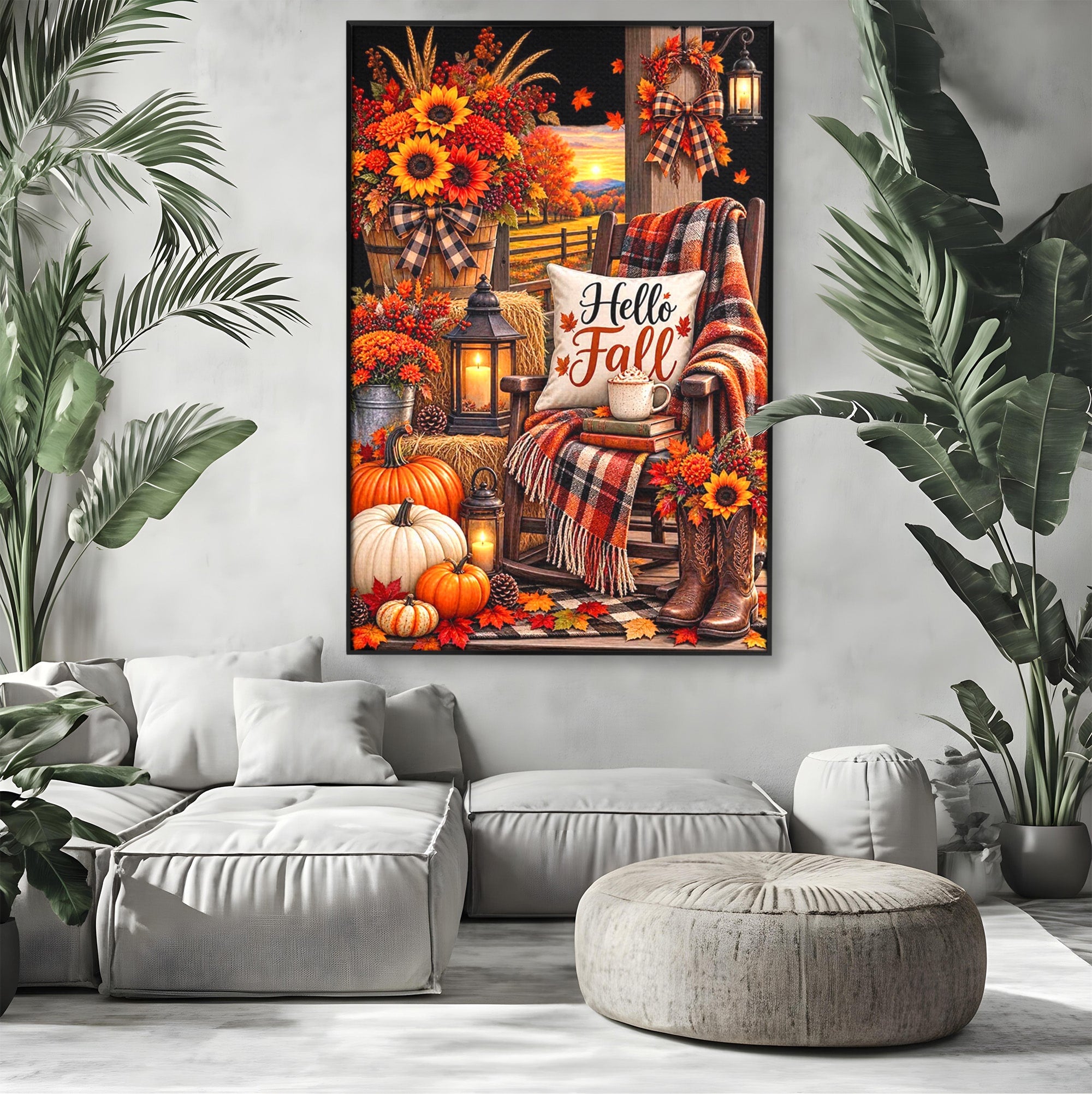 Tablou Canvas Premium LuxCanva® PI1072, Bine Ai Venit Toamna, Armonie, Decor Rustic, Lanterna, Living, Culori Calde, Culori Vibrante