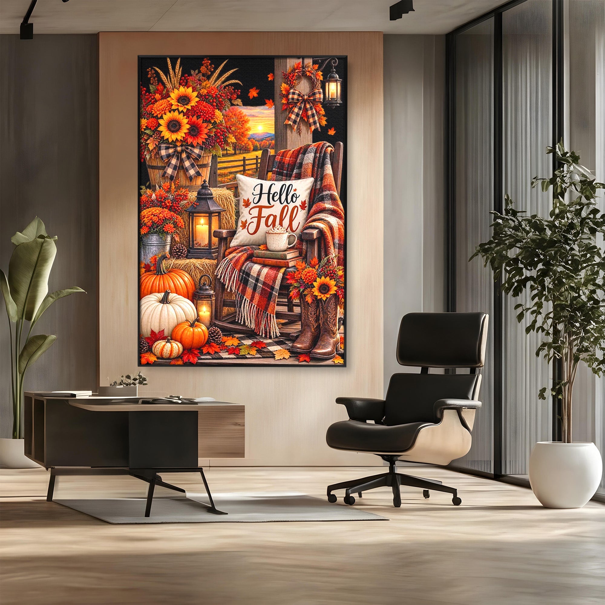 Tablou Canvas Premium LuxCanva® PI1072, Bine Ai Venit Toamna, Armonie, Decor Rustic, Lanterna, Living, Culori Calde, Culori Vibrante