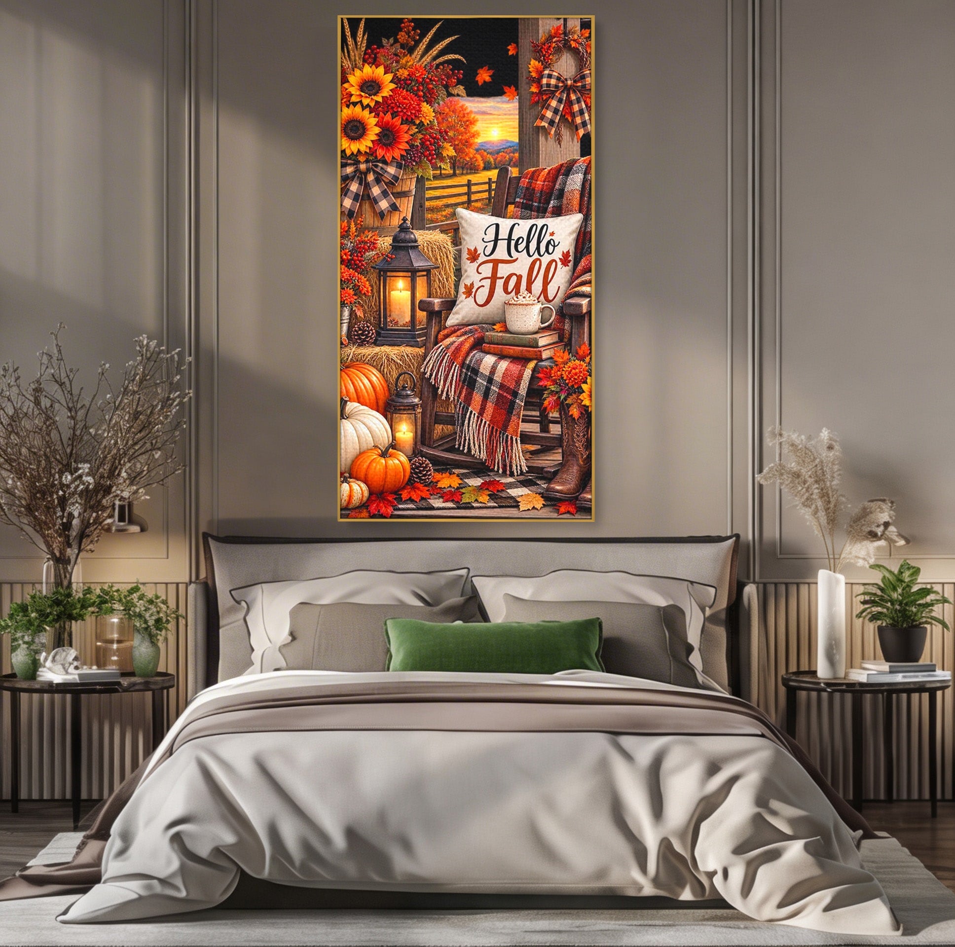 Tablou Canvas Premium LuxCanva® PI1072, Bine Ai Venit Toamna, Armonie, Decor Rustic, Lanterna, Living, Culori Calde, Culori Vibrante